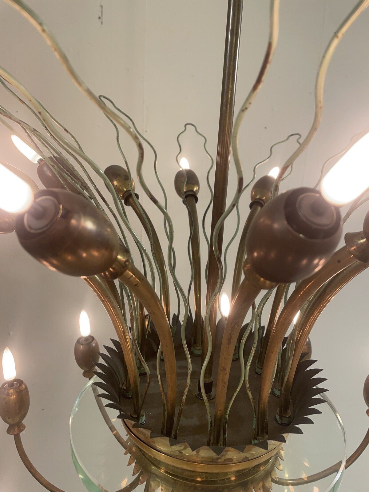 Mid Century Modern Italian Chandelier In Brass & Glass photo Lighting