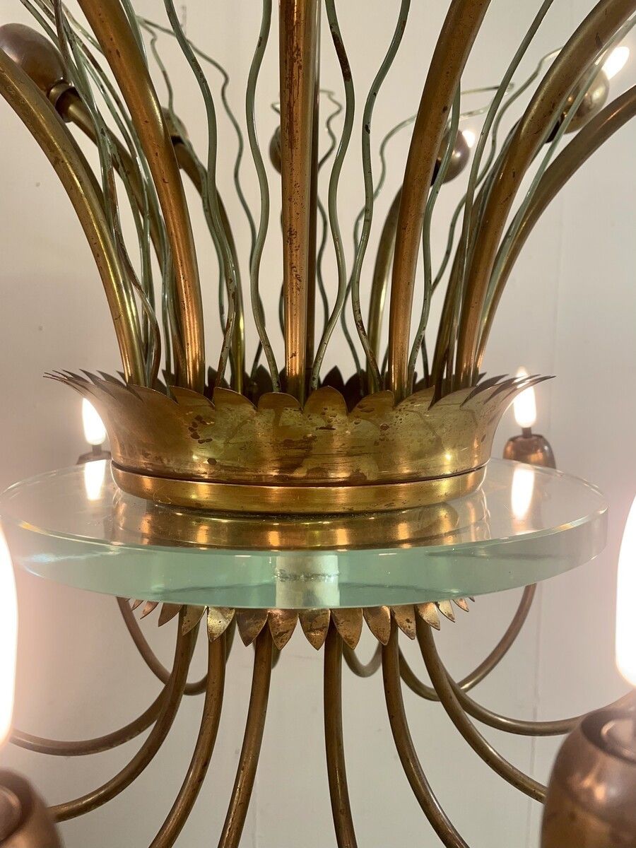 Mid Century Modern Italian Chandelier In Brass & Glass photo buy