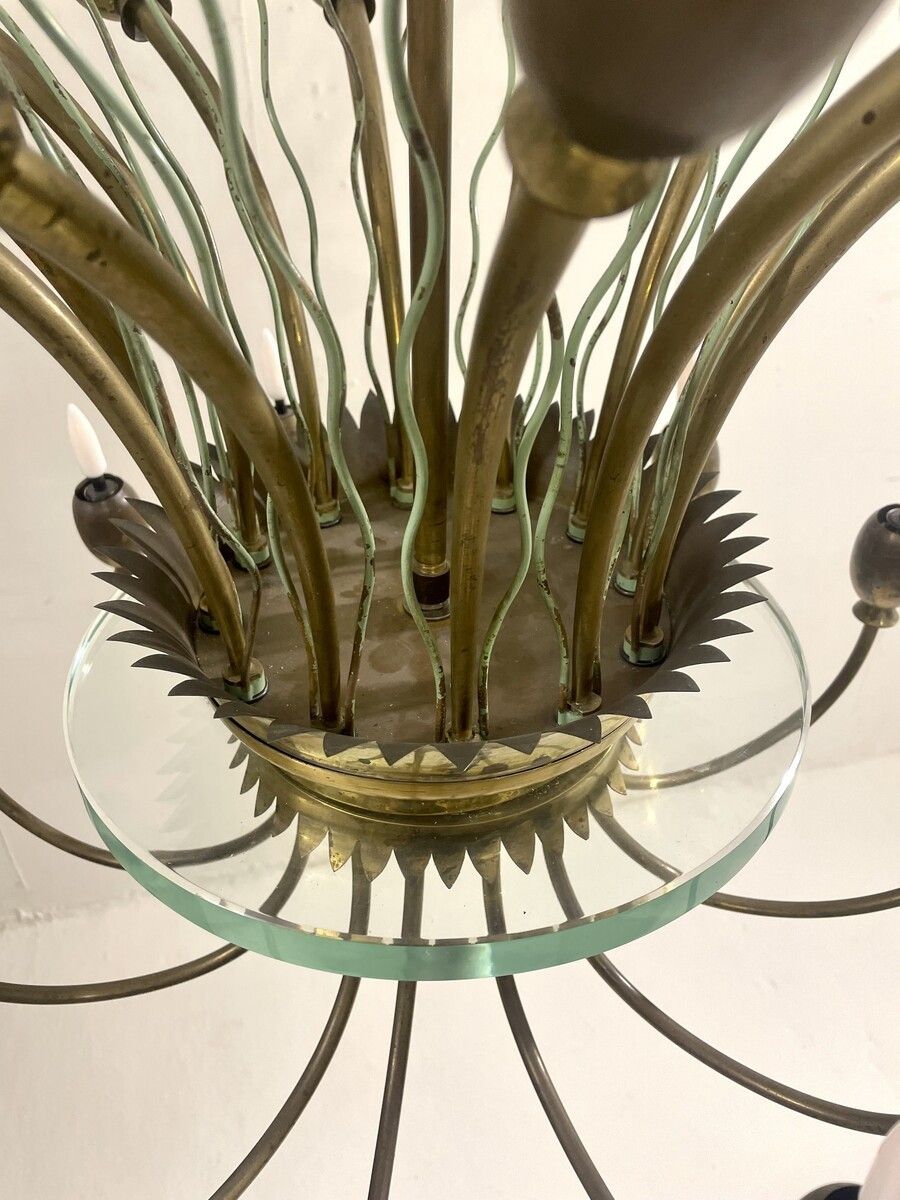 Mid Century Modern Italian Chandelier In Brass & Glass photo vintage