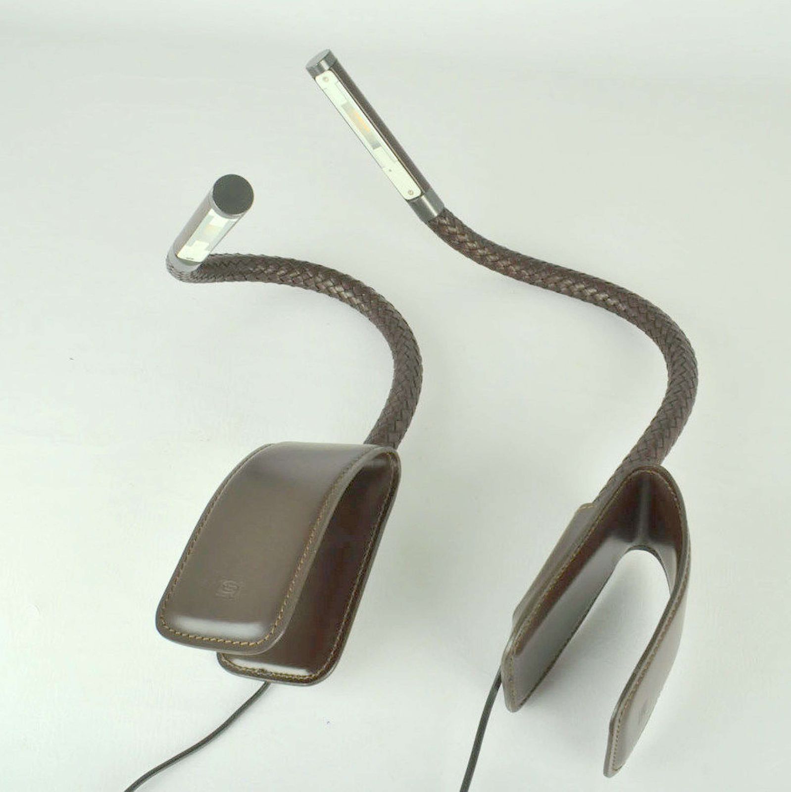 Pair Poltrona Frau Chocolate Brown Leather Clip Lamps photo furniture