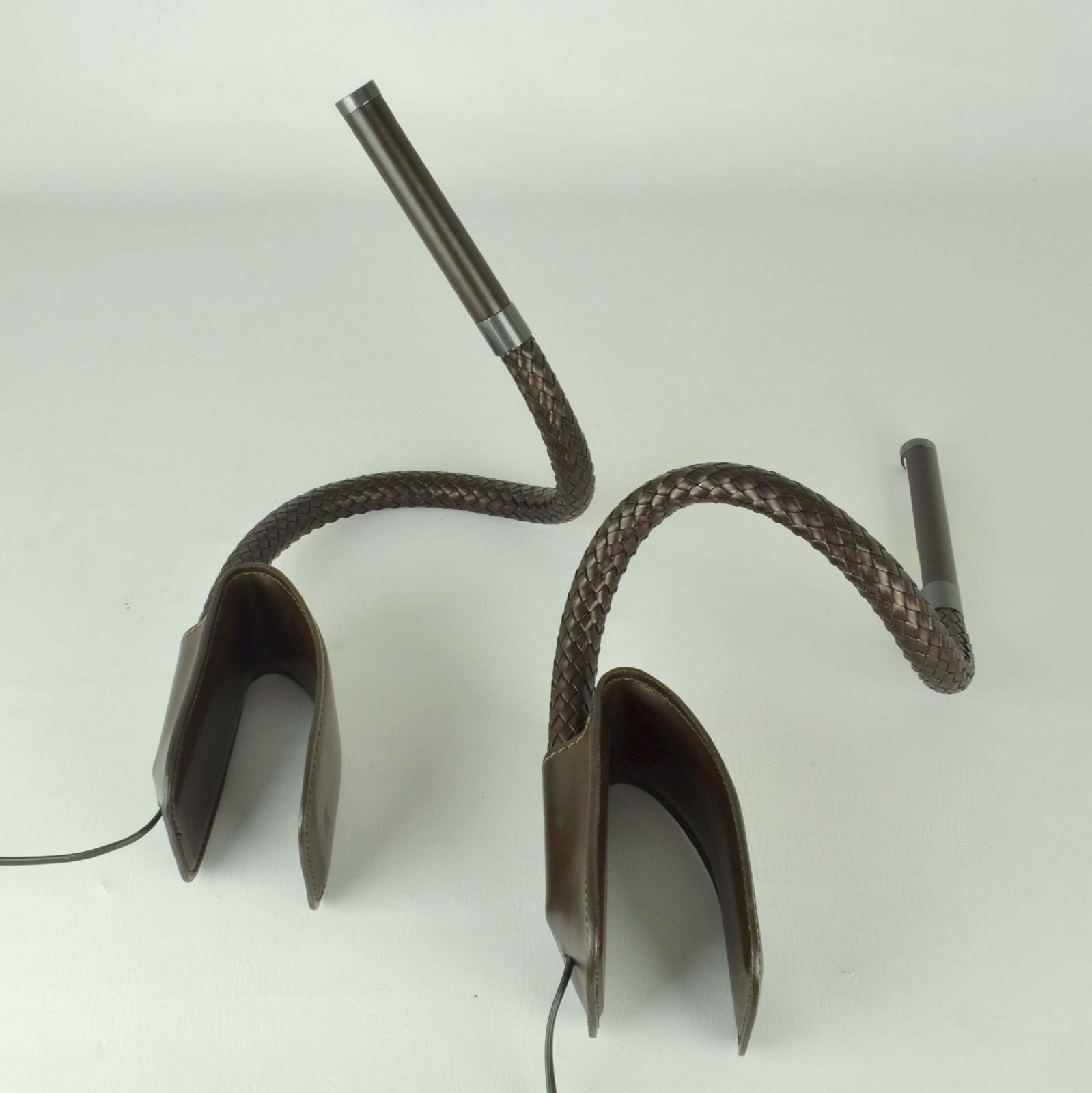 Pair Poltrona Frau Chocolate Brown Leather Clip Lamps photo vinterior