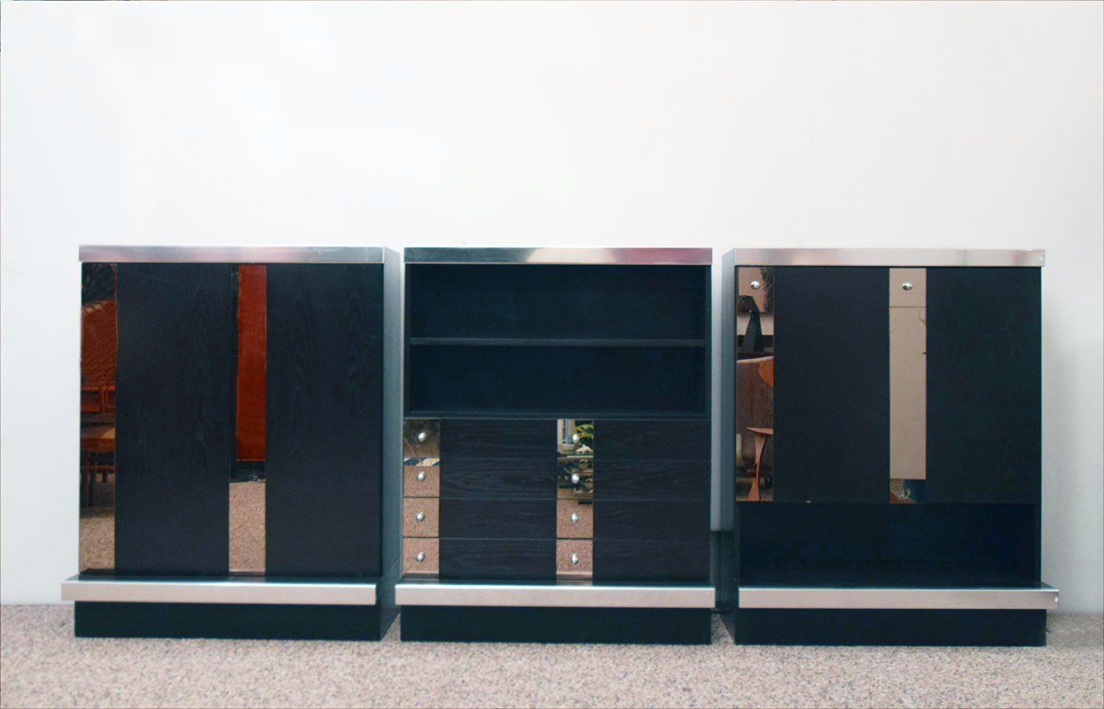 Modular Sideboard In Wengé Wood, Steel And Mirror From Sormani, 1970s, Set Of 3