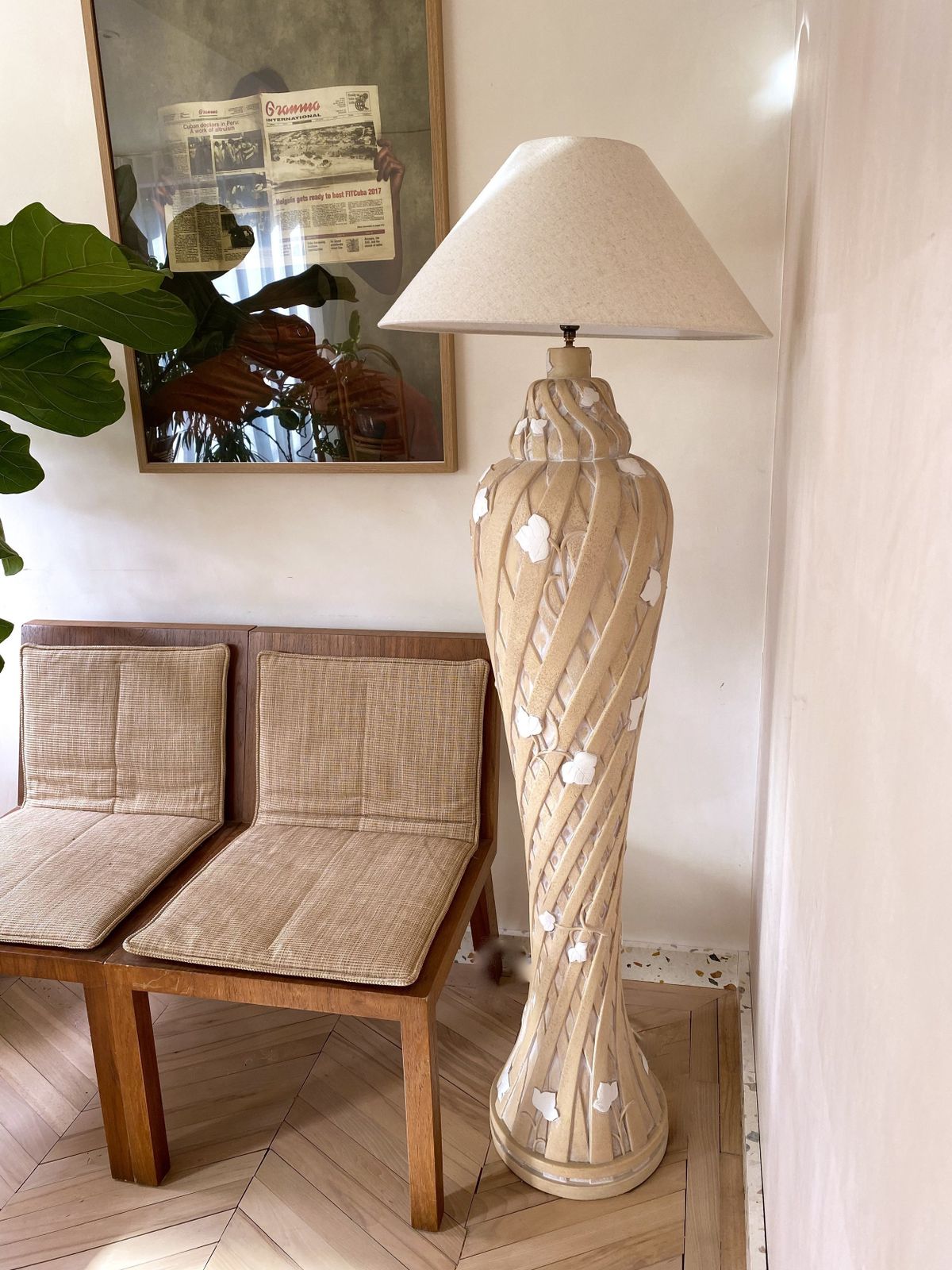 1980's American Plaster Floor Lamp With Neutral Colour Trellis Design photo furniture