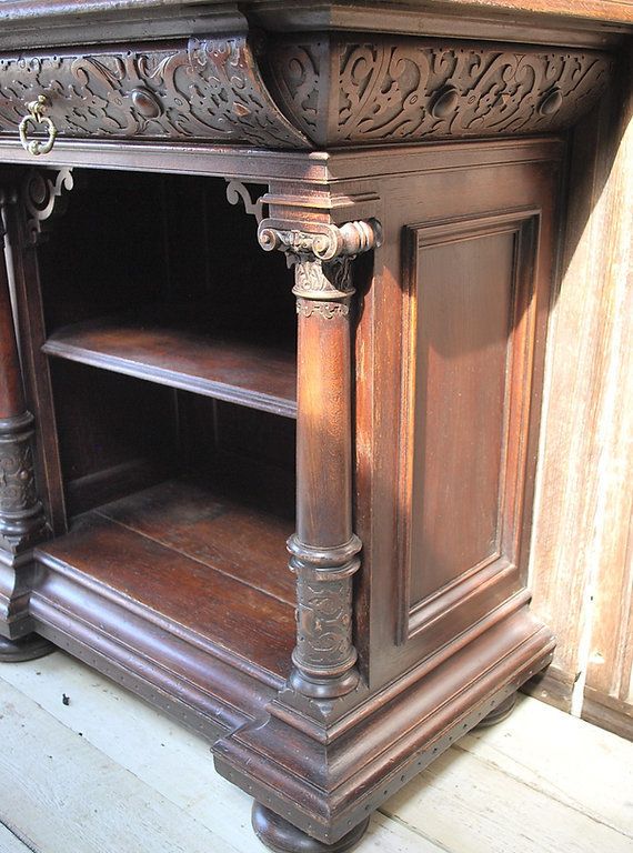 Antique Italian Oak Renaissance Revival Collectors Cabinet On Stand photo for sale