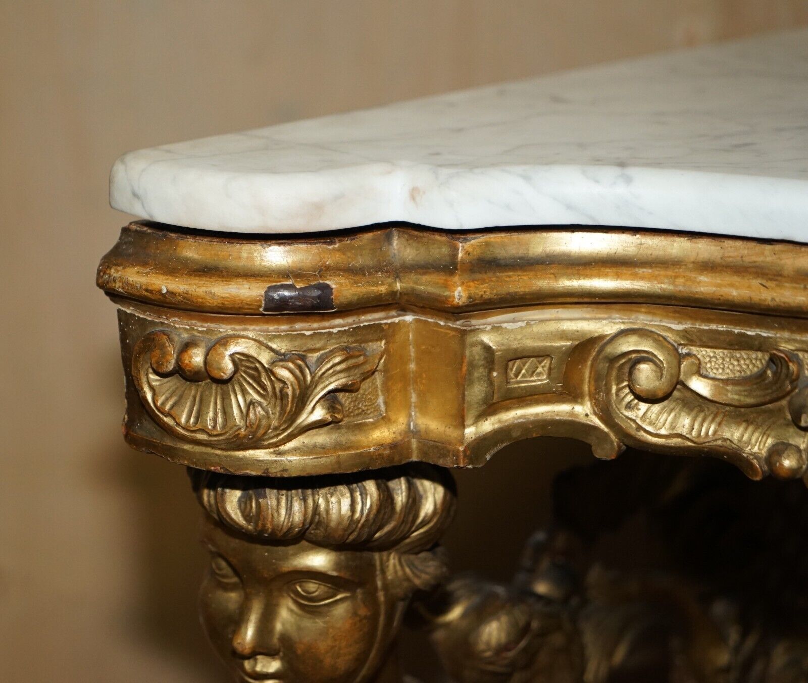 Exquisite Antique Italian Gold Giltwood Italian Marble Herm Carved Corner Table photo 7500.0