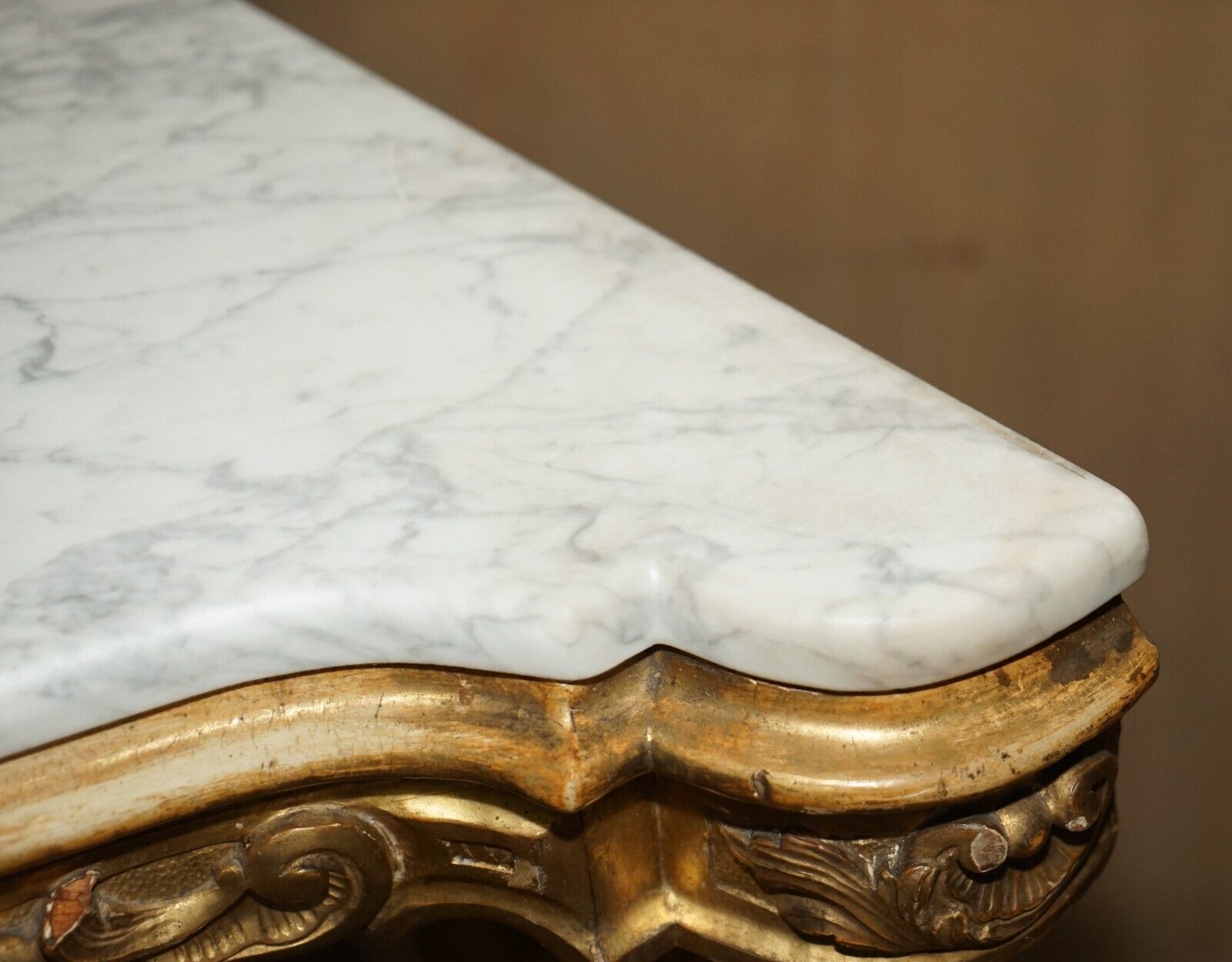 photo for sale Exquisite Antique Italian Gold Giltwood Italian Marble Herm Carved Corner Table