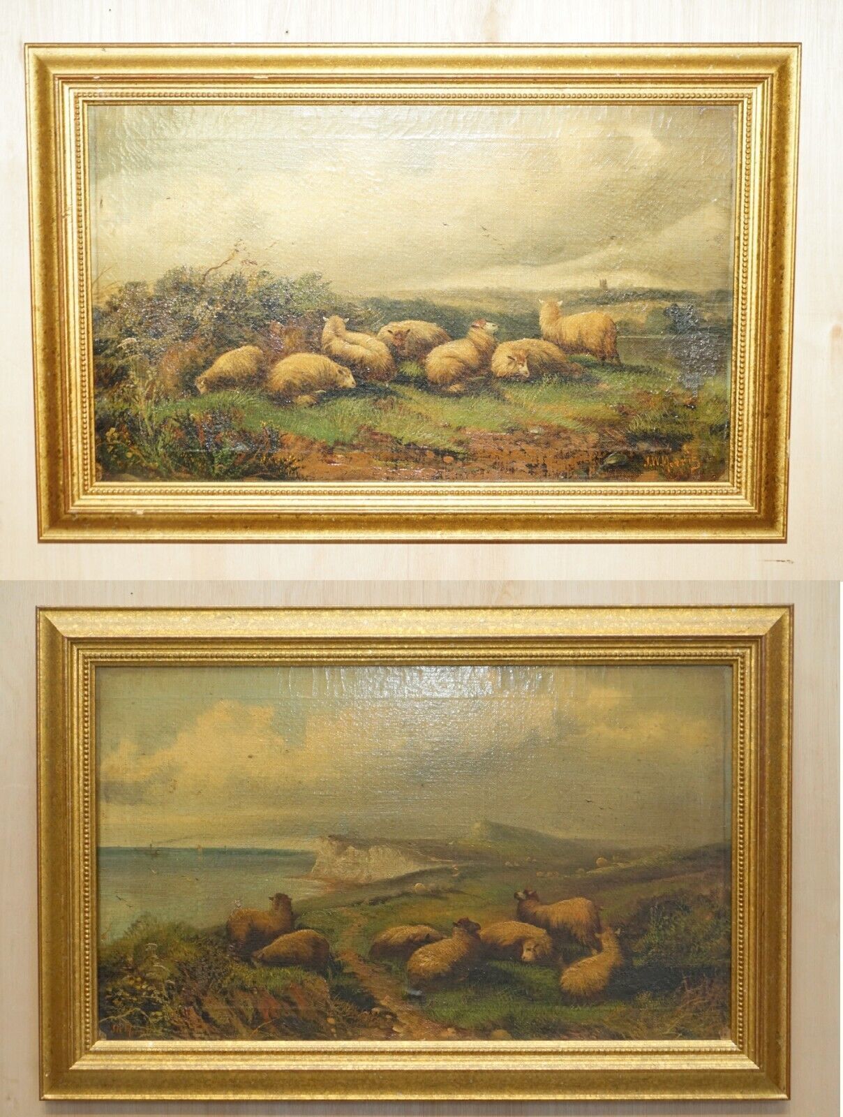 Pair Of Antique Original John W Morris 1865 1924 Landscape Sheep Oil Paintings
