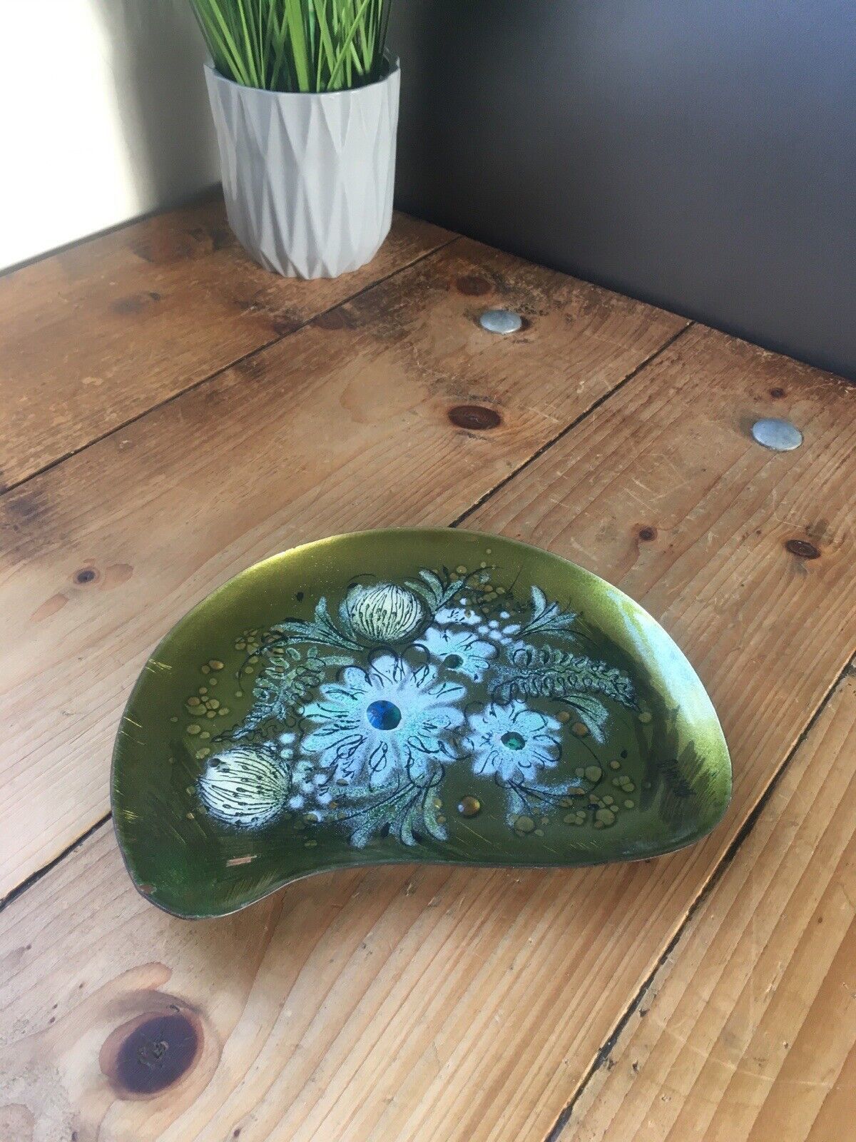 Mid Century 60's Sascha Brastoff Vintage Floral Copper Enamel Plate Kidney Dish photo 50.0