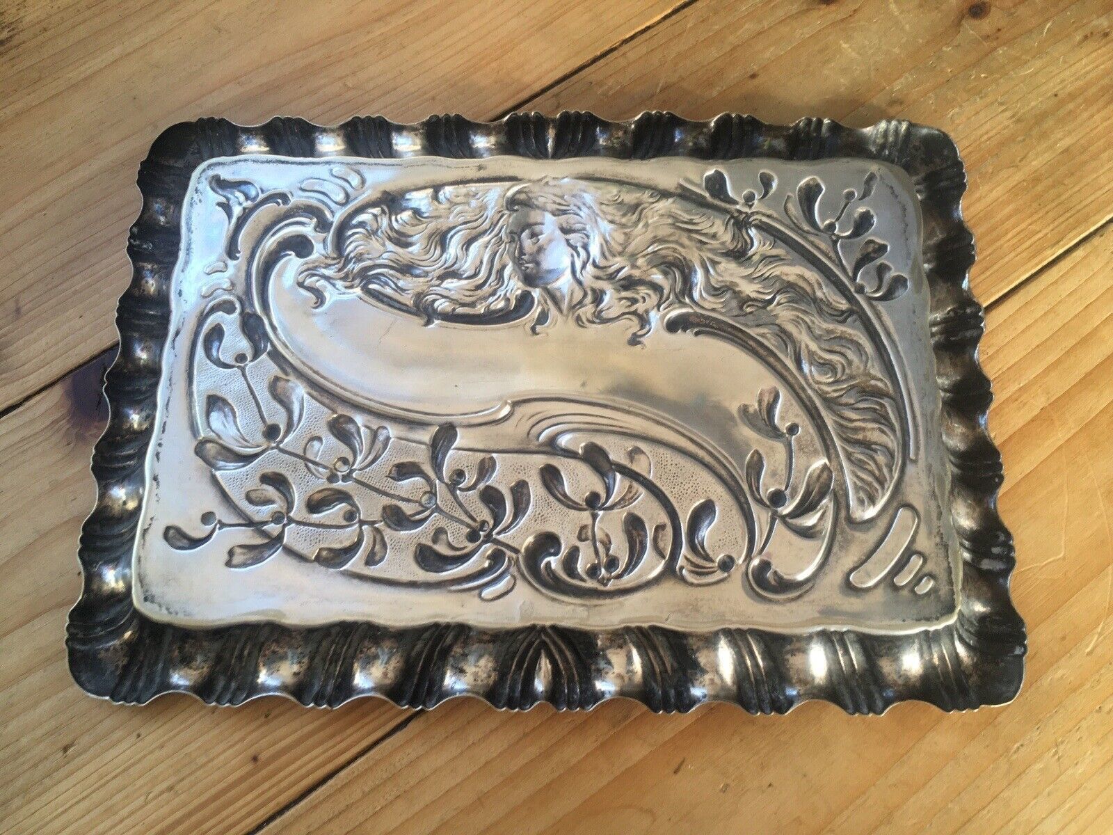 photo for sale Antique C1900 Art Nouveau Reynolds & Westwood Lady Maiden Epns Silver Card Tray