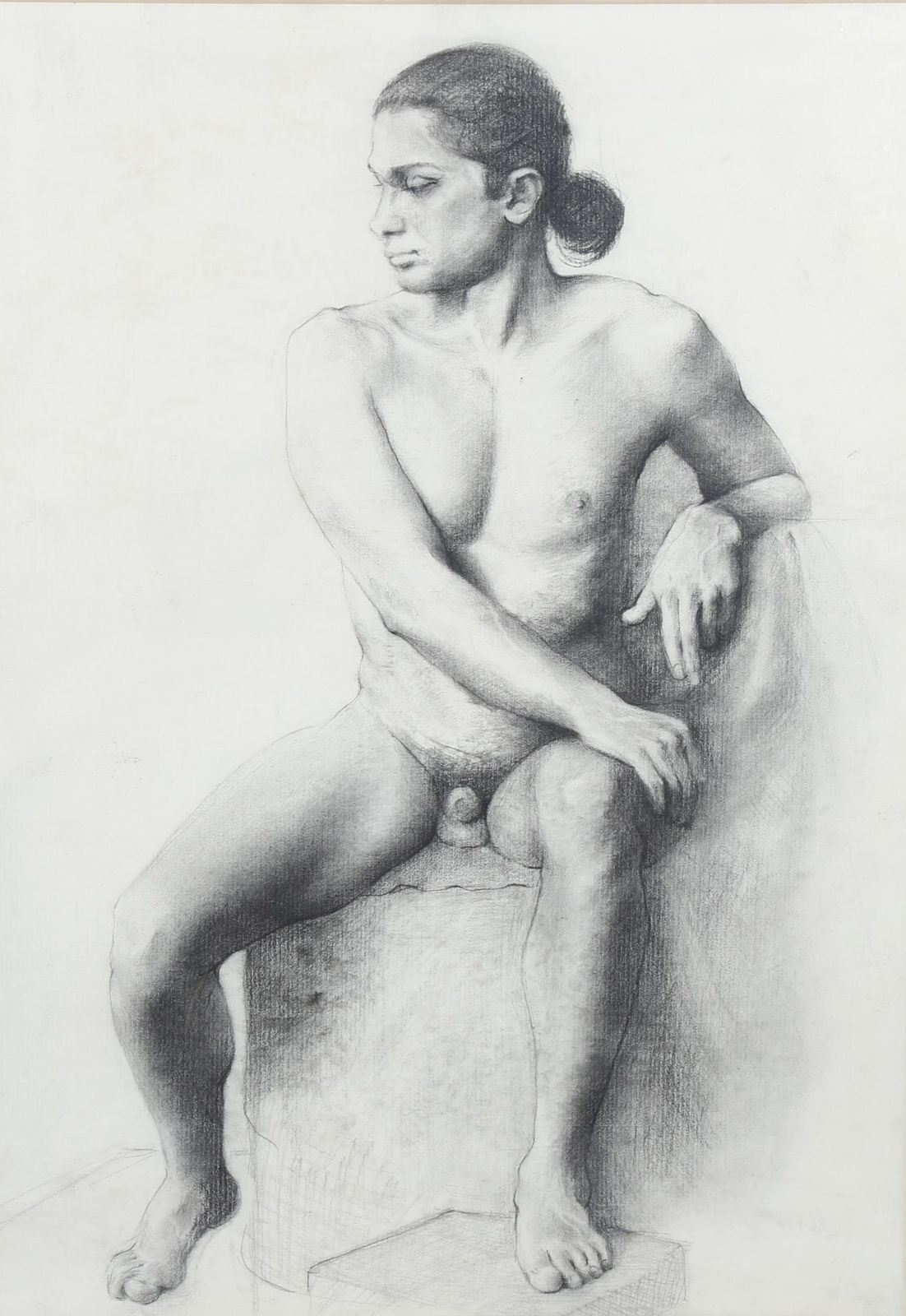 Male Nude. Charcoal On Paper. Mounted