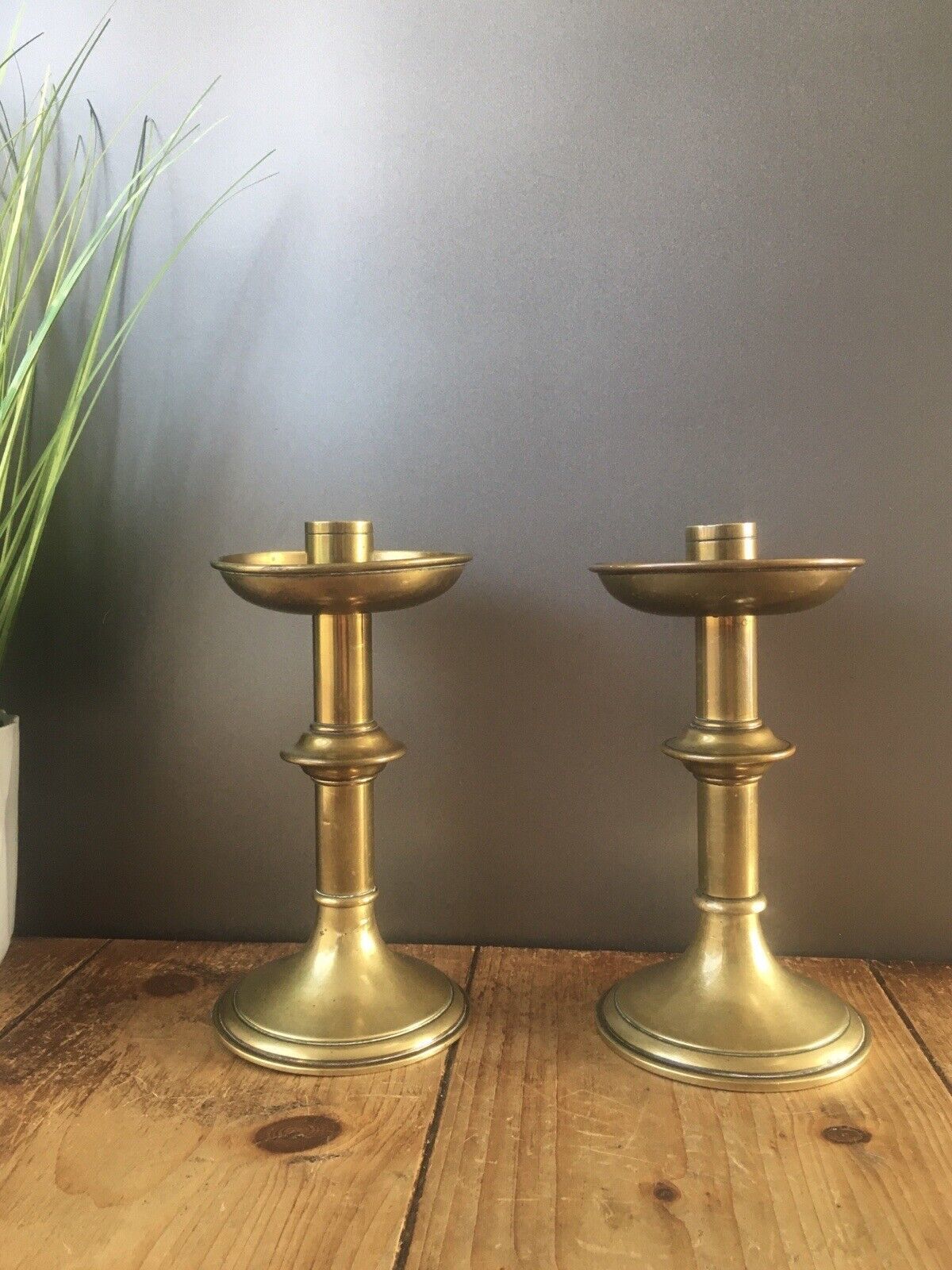 Pair Of English Antique Gothic Brass Altar Candlesticks Candle Holders Pugin photo for sale