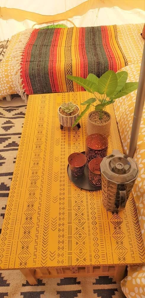 Oak Wood Coffee Table Hand Painted Mustard Yellow With Tribal Stencil Design In Black photo 395.0