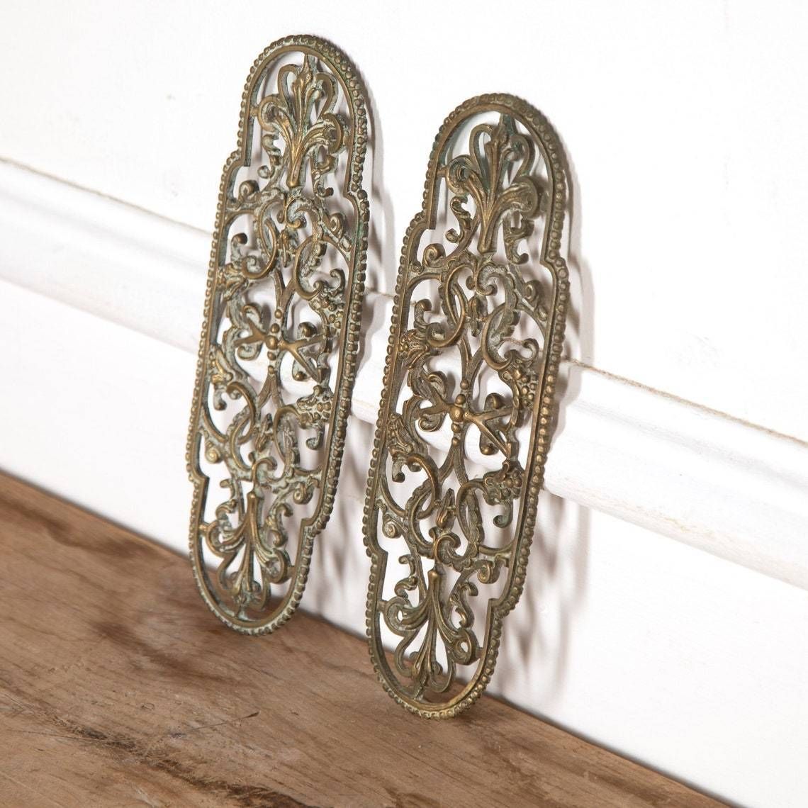 A Pair Of Quality Antique 19th Century Pierced Brass Door Rococo Style Finger Plates photo Home Fixtures