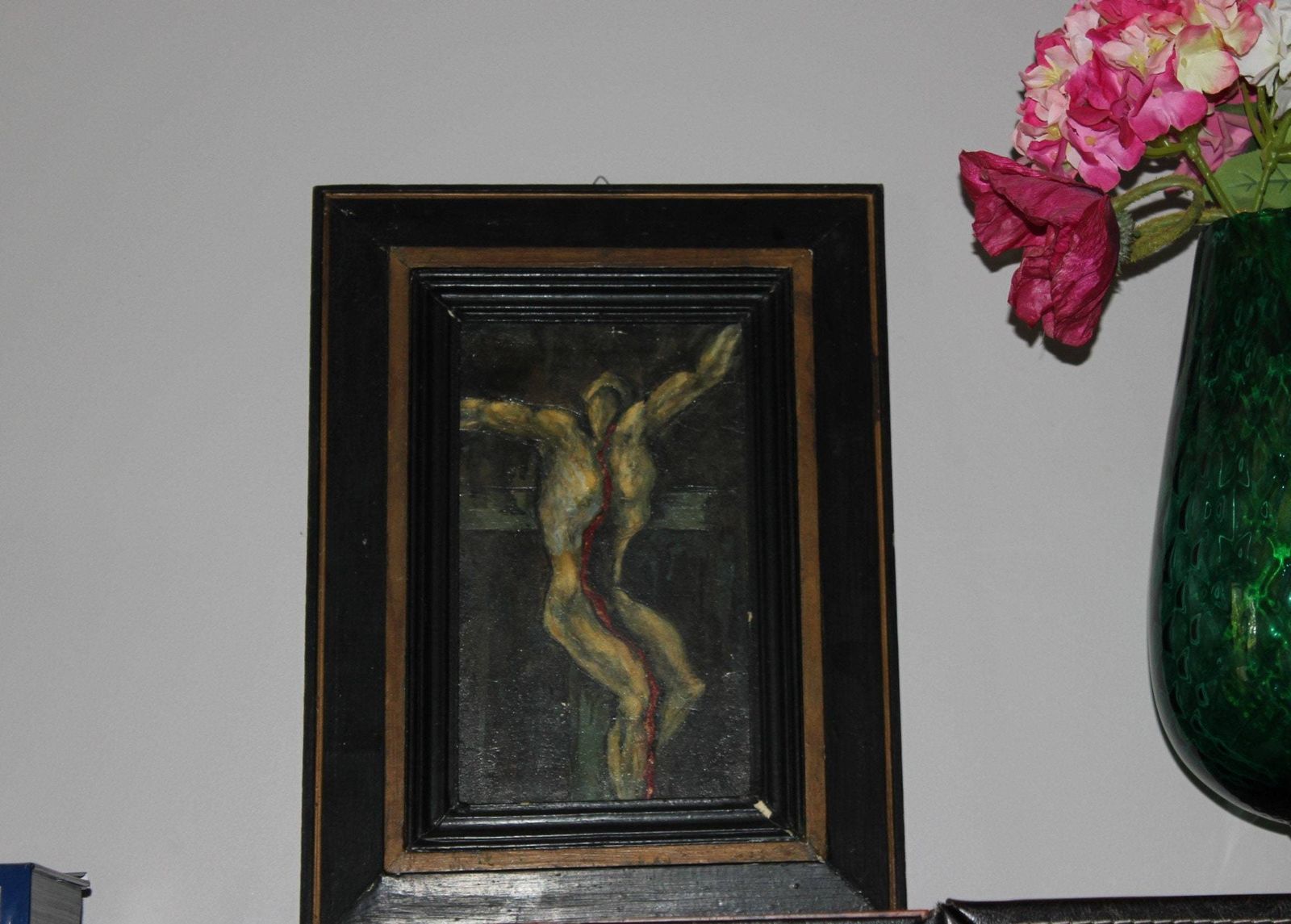 photo for sale Crucifixion, Original Art Painting On Wood, Jesus On The Cross Oil Picture, Religious Painting In Dark Colors Modernistic Style Art