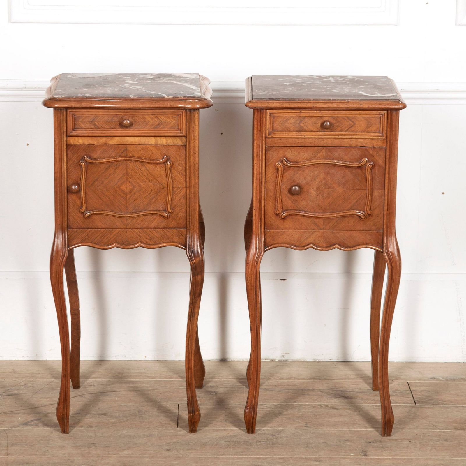 Near Pair Of Late 19th Century French Walnut Marble Topped Bedside Cabinets