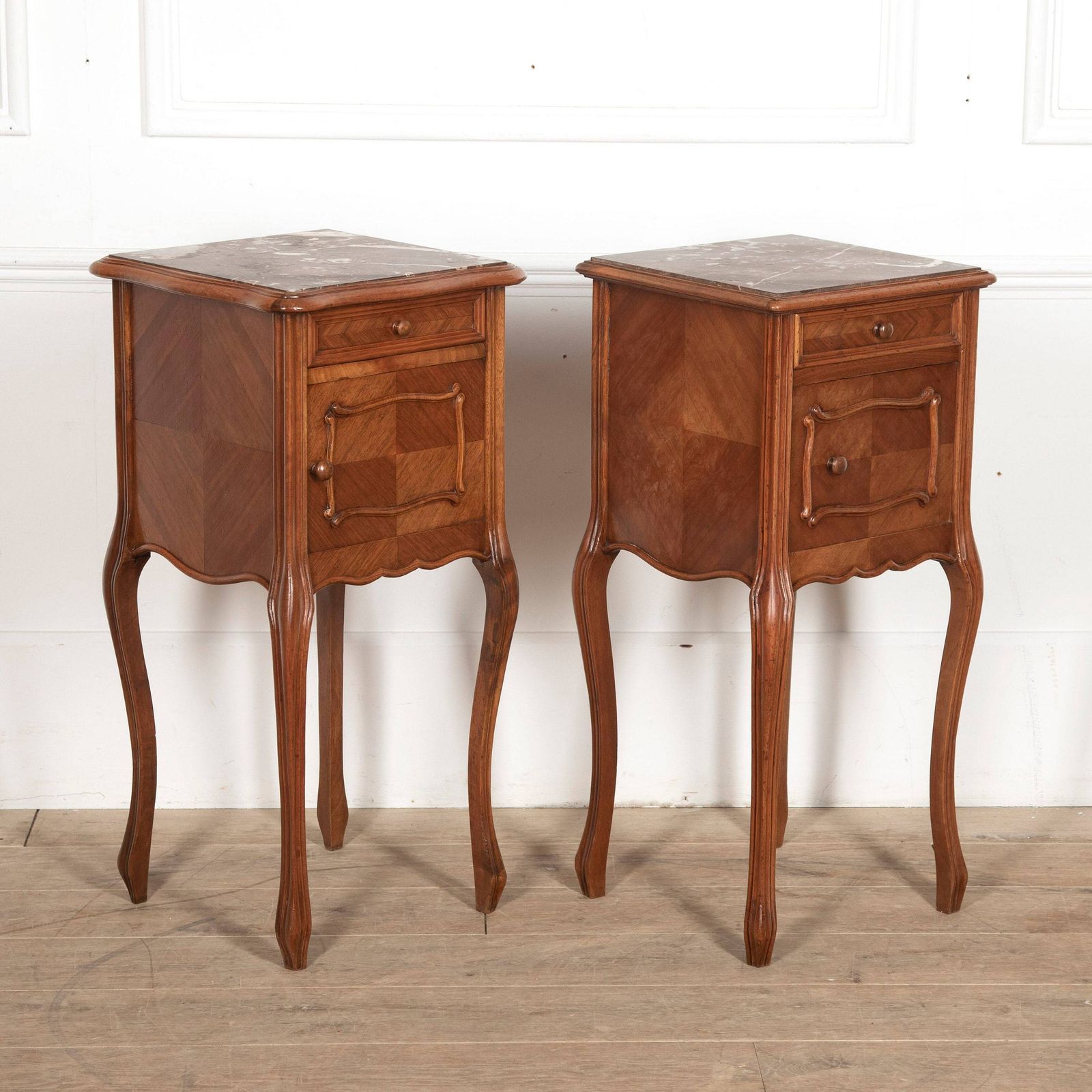 Near Pair Of Late 19th Century French Walnut Marble Topped Bedside Cabinets photo vinterior