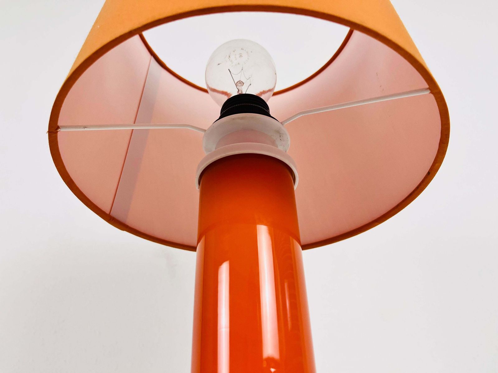 Mid Century Orange Glass And Fabric Shade Table Lamp, 1960s photo vintage