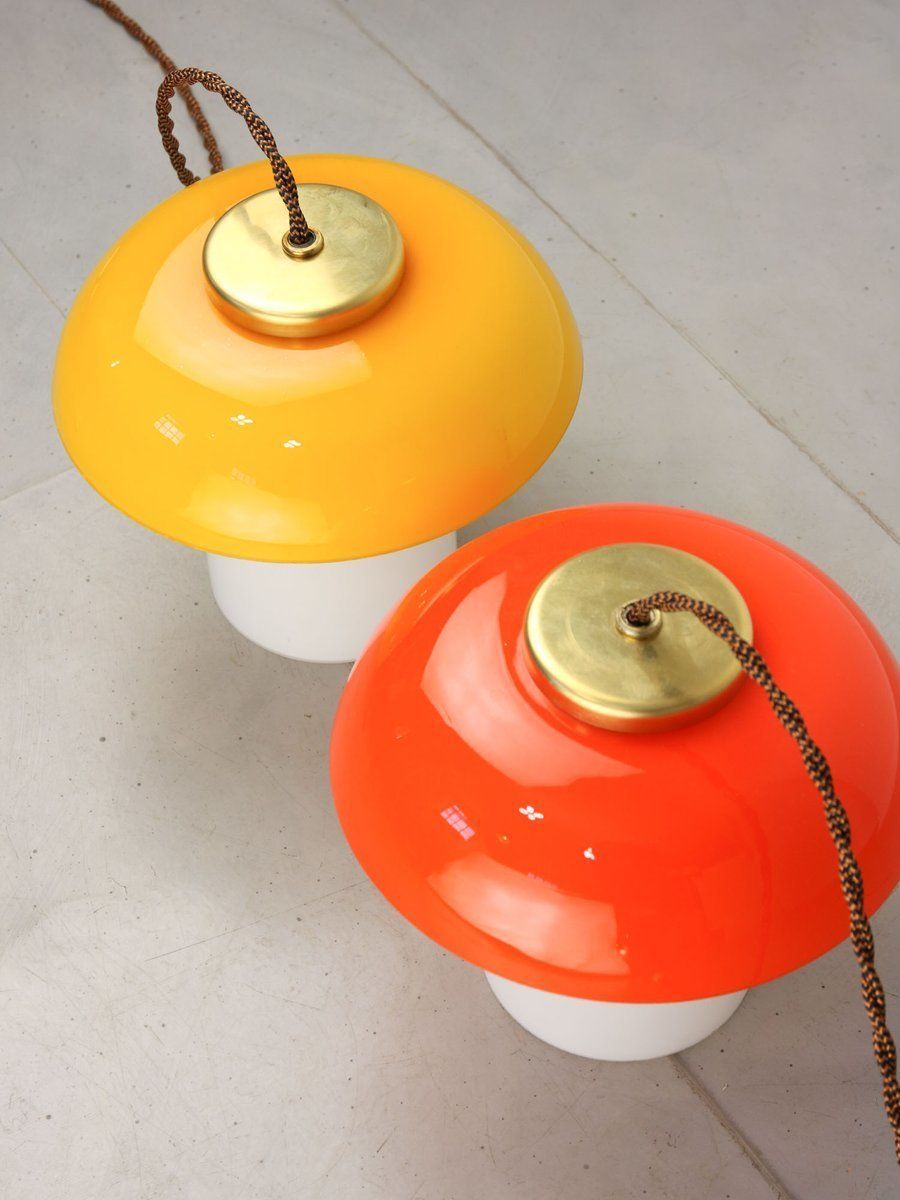Mid Century Glass & Brass Mushroom Table Lamps, Set Of 2, Set Of 2 photo for sale