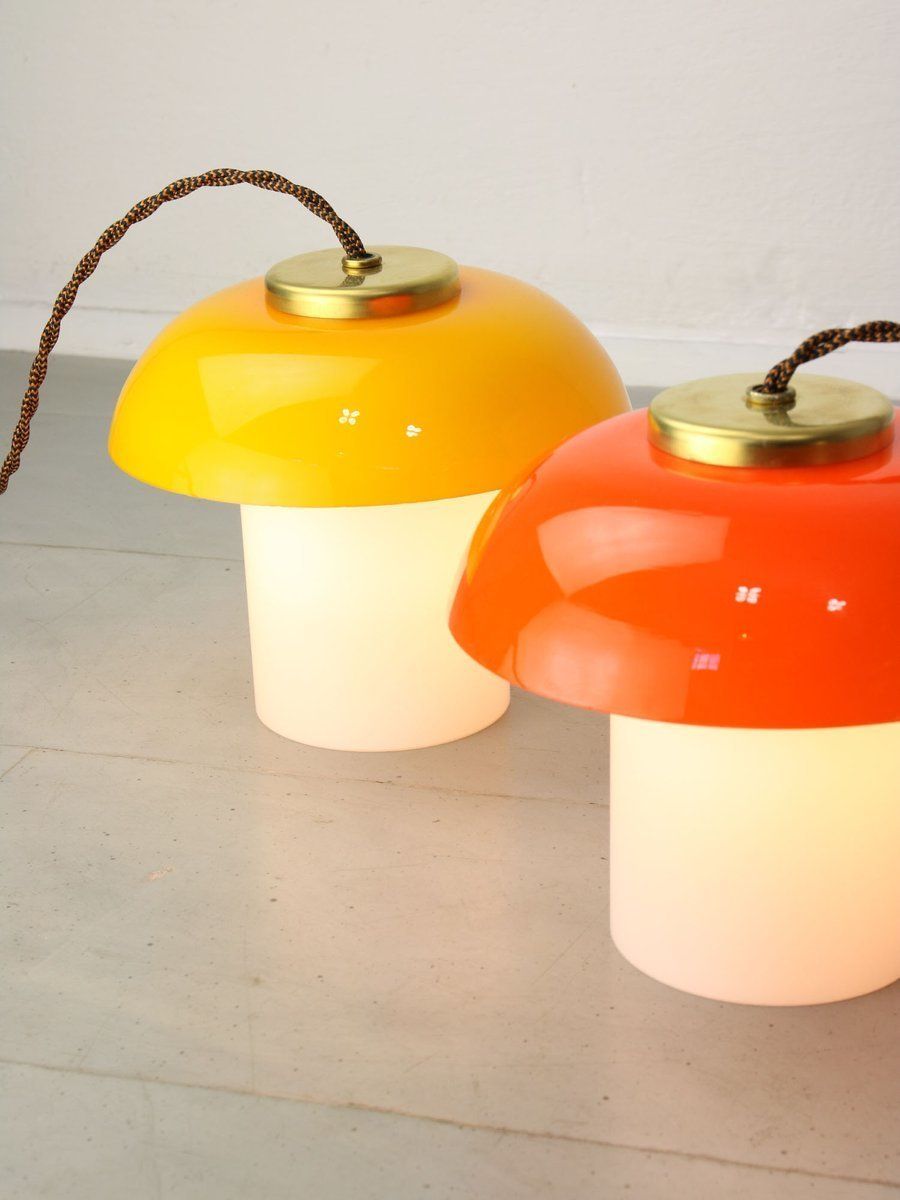 Mid Century Glass & Brass Mushroom Table Lamps, Set Of 2, Set Of 2 photo vinterior