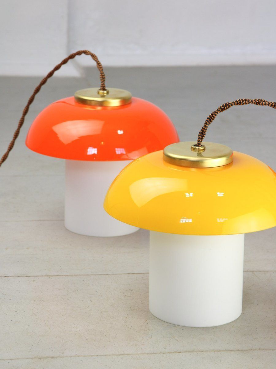 Mid Century Glass And Brass Mushroom Pendant Lamps, Set Of 2 photo for sale