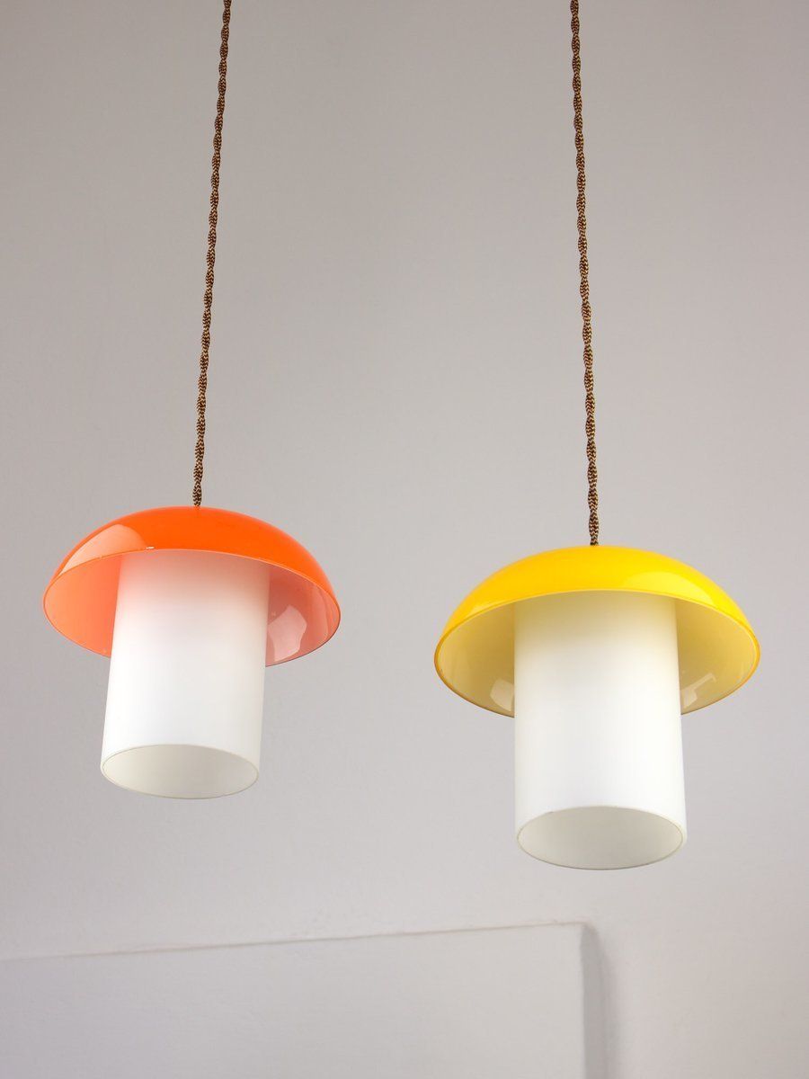 photo furniture Mid Century Glass And Brass Mushroom Pendant Lamps, Set Of 2