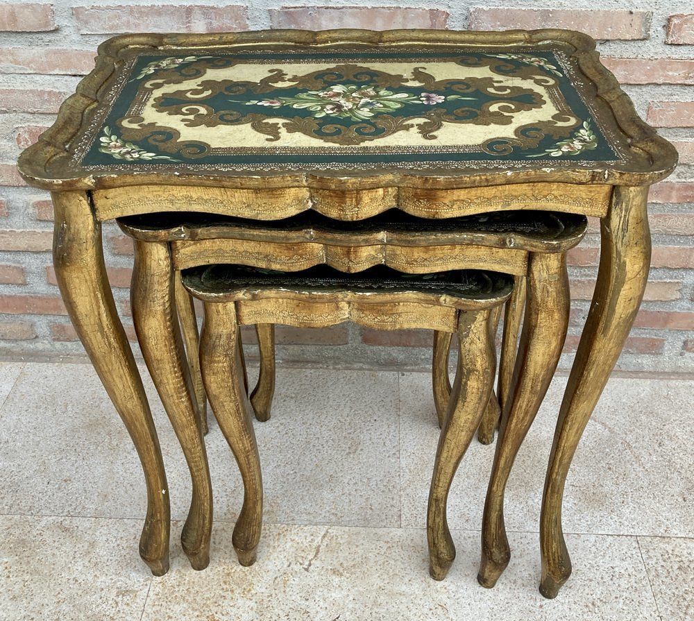 Furniture Italian Florentine Neoclassical Nesting Tables In Giltwood, 1960s, Set Of 3 photo