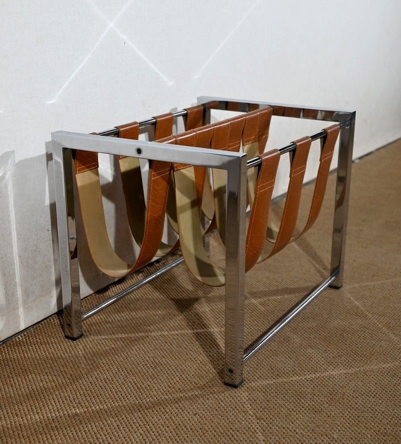 Magazine Rack In Leather And Chrome “Novatrend” – Xxth photo furniture