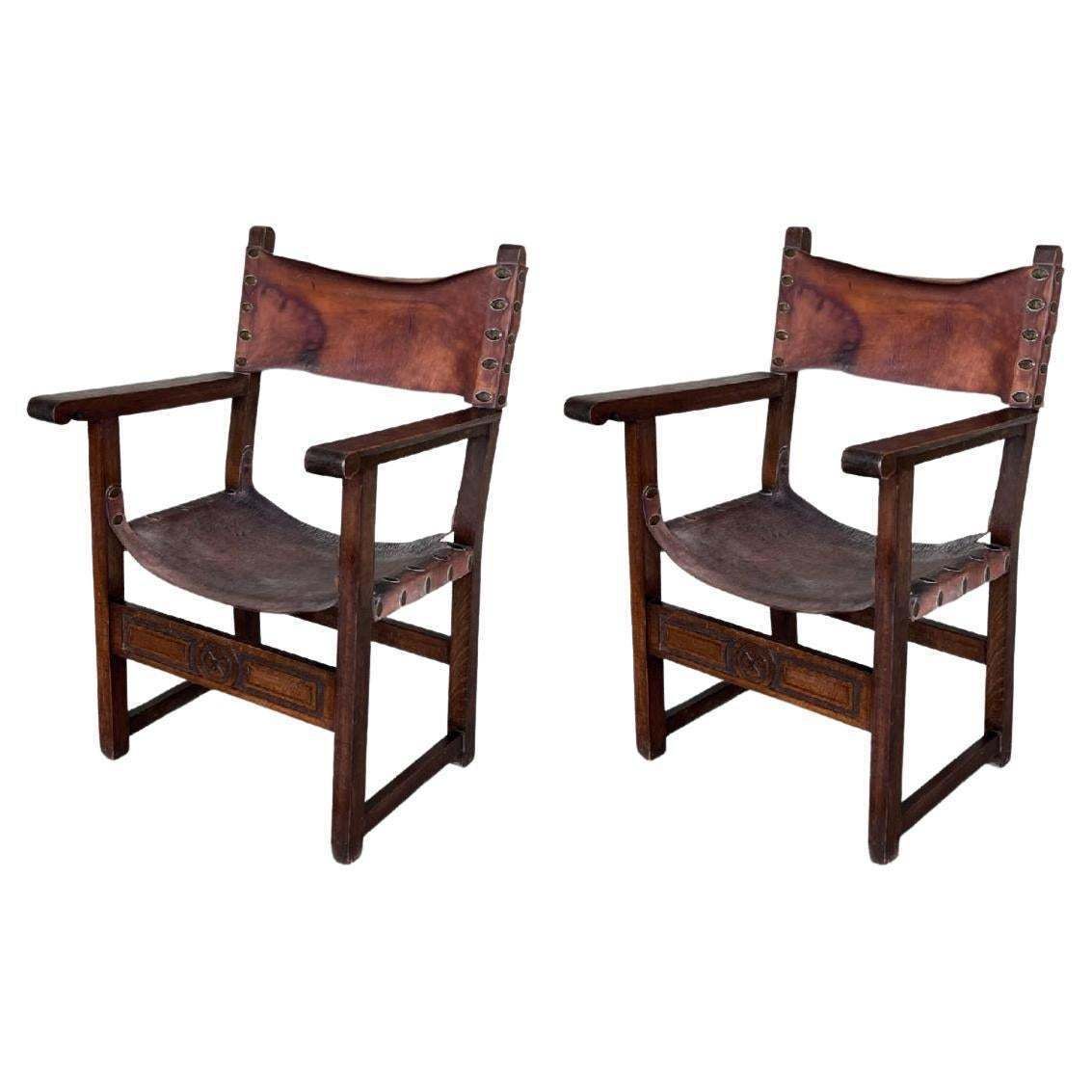 Pair Of 19th Century Spanish Colonial Style Carved Armchairs With Leather