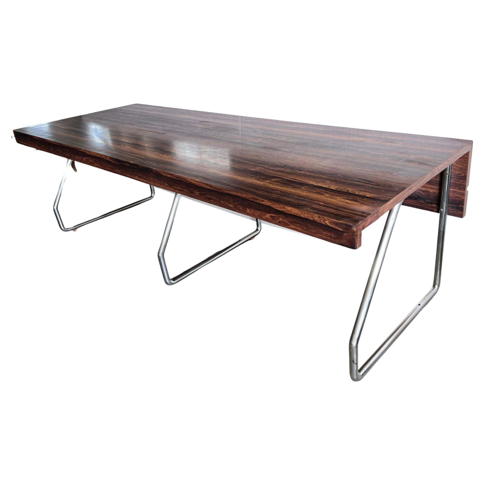Large Varnished Wood Executive Desk, In The Style Of Florence Knoll