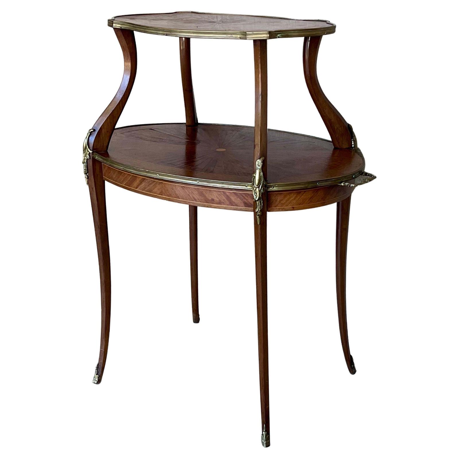 Table basse ou d'appoint française en acajou et laiton à deux plateaux