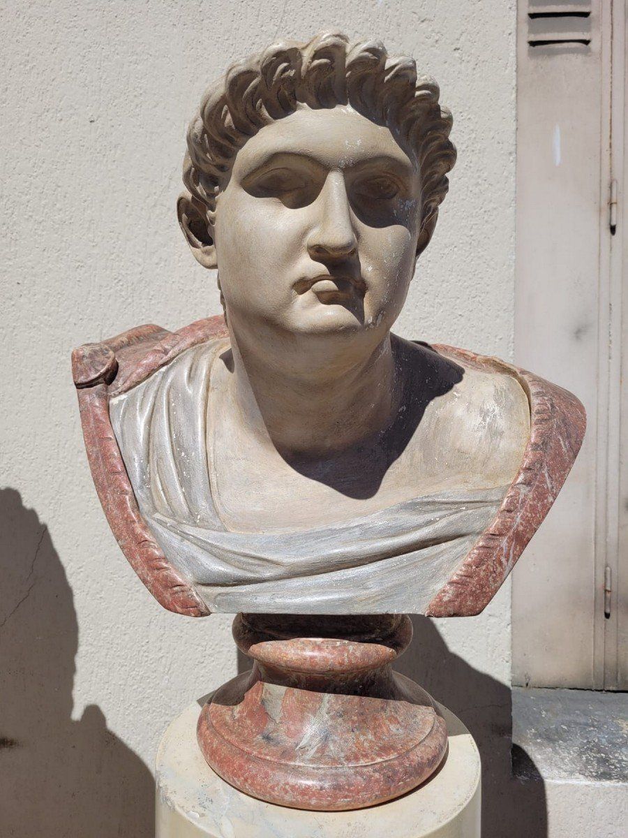 Bust Of Roman Emperor (Otho?) On Column, Patinated Stucco, 20th Century photo for sale
