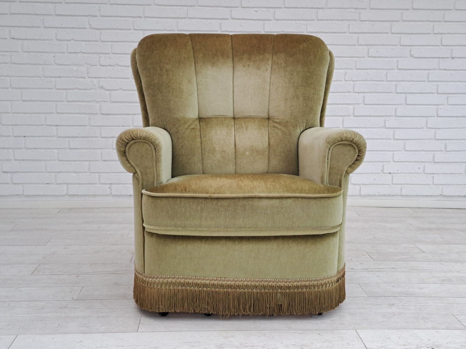 80s, Danish Velour Chair, Original Condition, Beech Wood