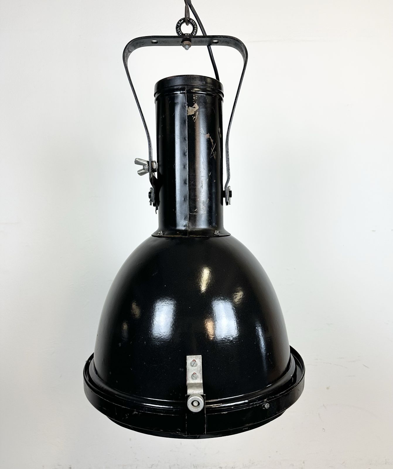 photo furniture Industrial Black Enamel Factory Spotlight With Convex Glass Cover, 1960s, 5x