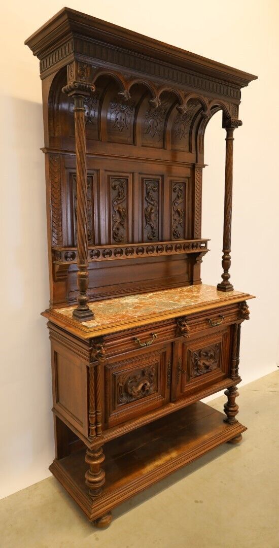Heavily Detailed Marble Top Concave Dragon Carved Oak Tall Buffet photo furniture