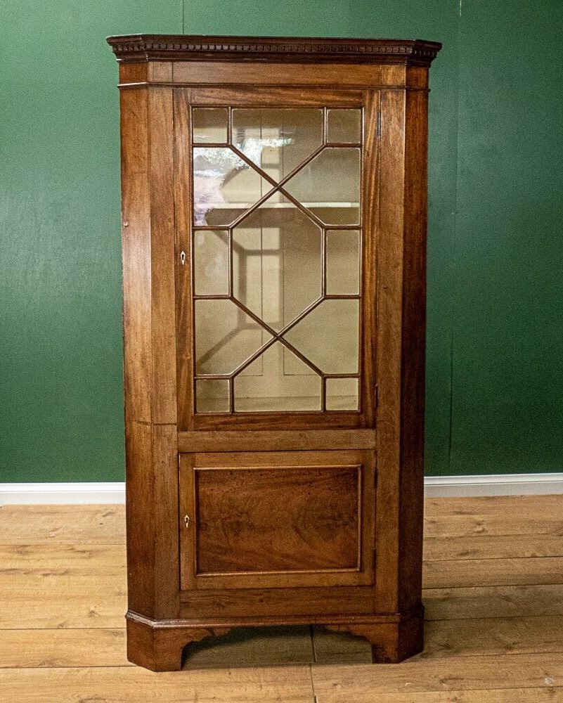 Beautiful Art Deco Oak Glass Door Display Cabinet With Dentil Moulding