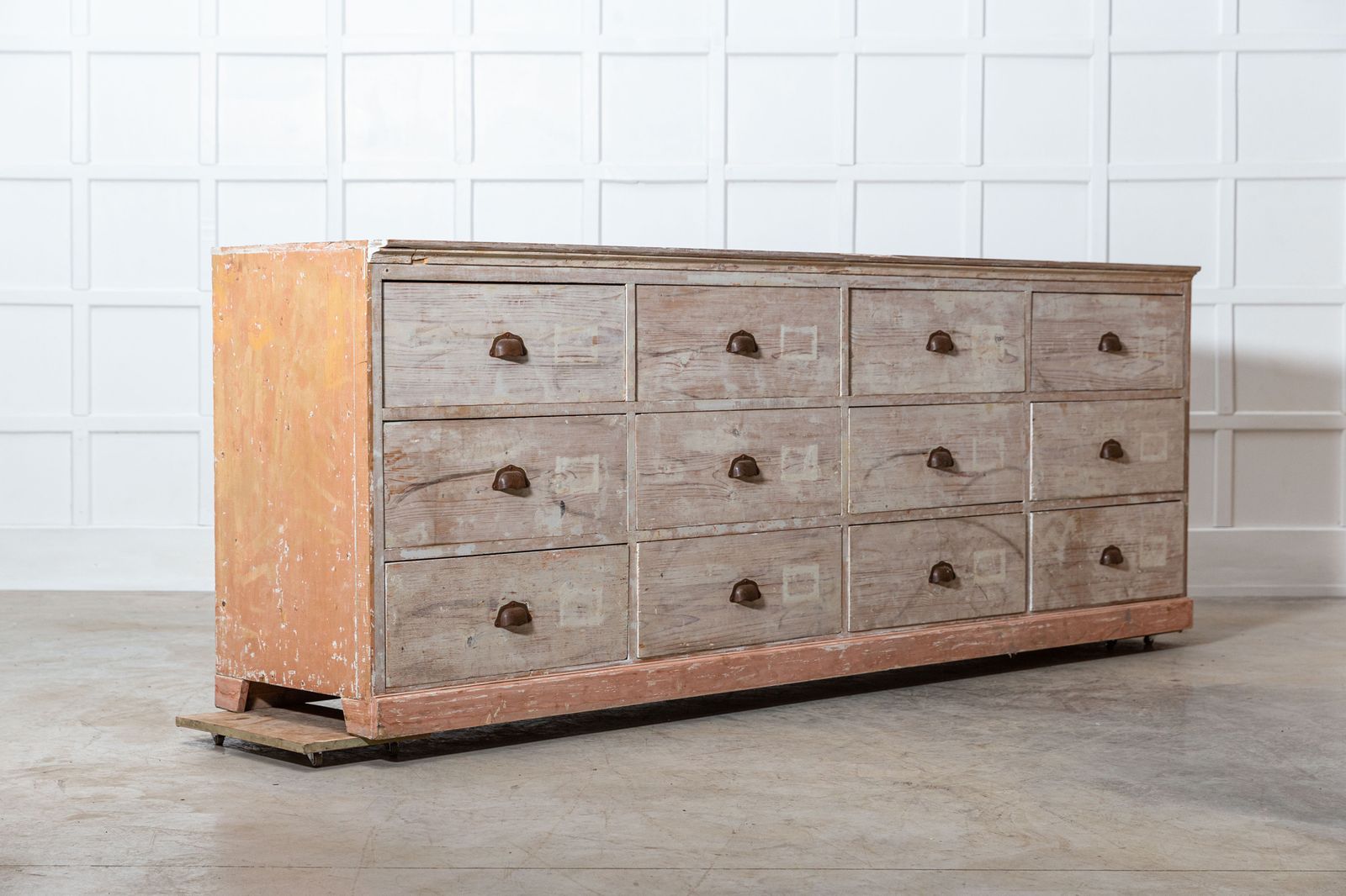 19thc Monumental Dry Scraped French Bank Of Pine Drawers photo furniture