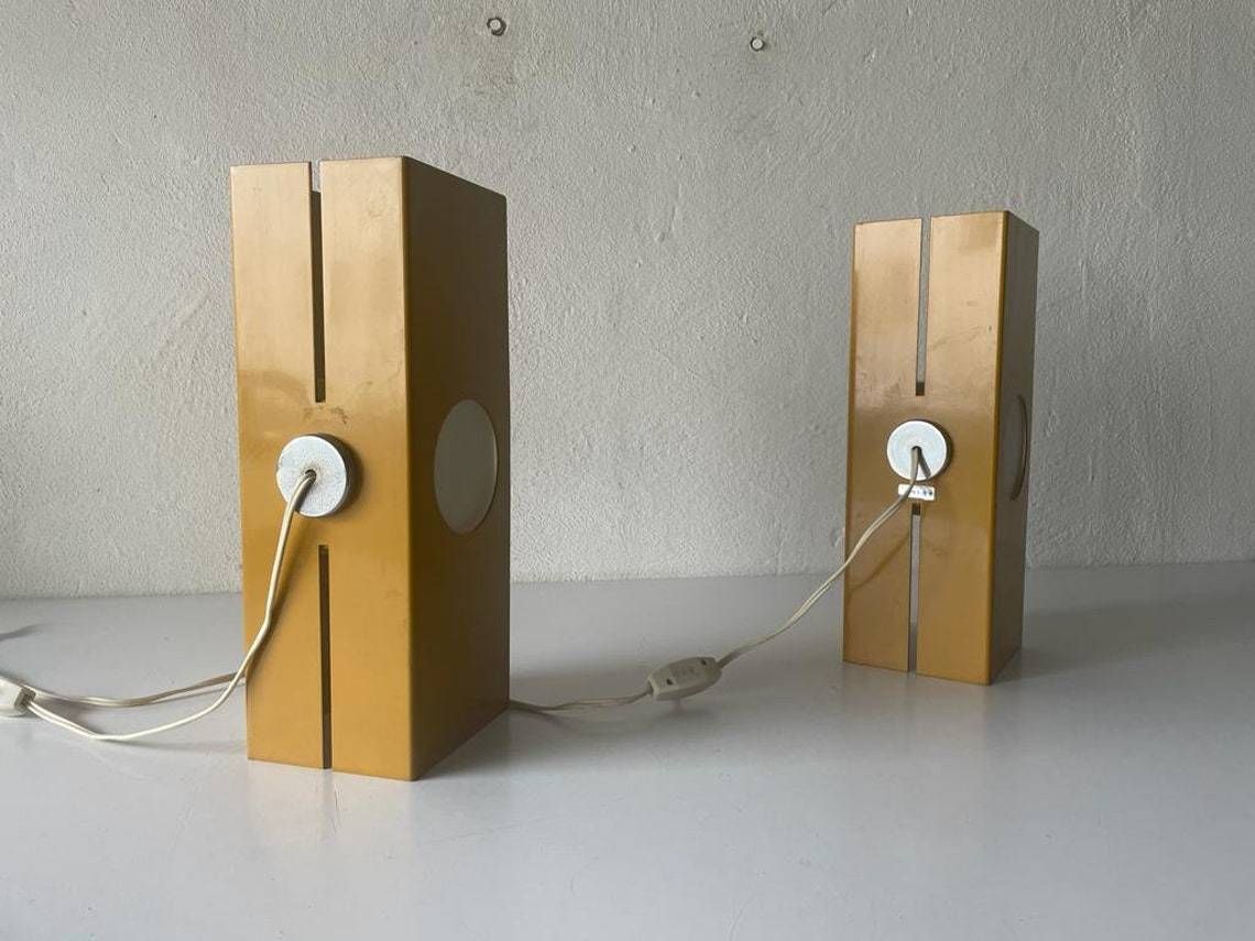 Pair Of Yellow Metal Body And Opal Cube Glass Space Age Pair Of Italian Table Lamps By Luci, 1970s, Italy photo buy