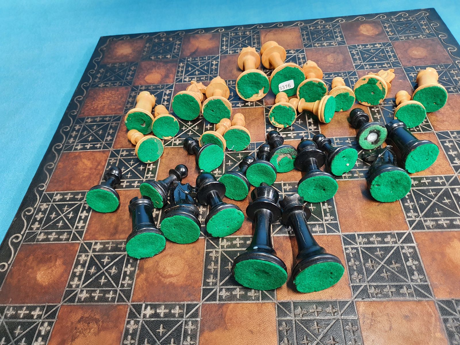 Turn Of The Century Chess Set With Leather Board photo for sale