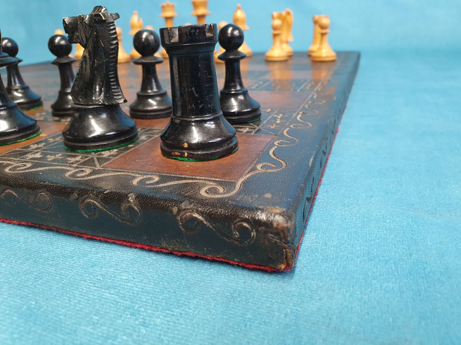Turn Of The Century Chess Set With Leather Board photo vintage