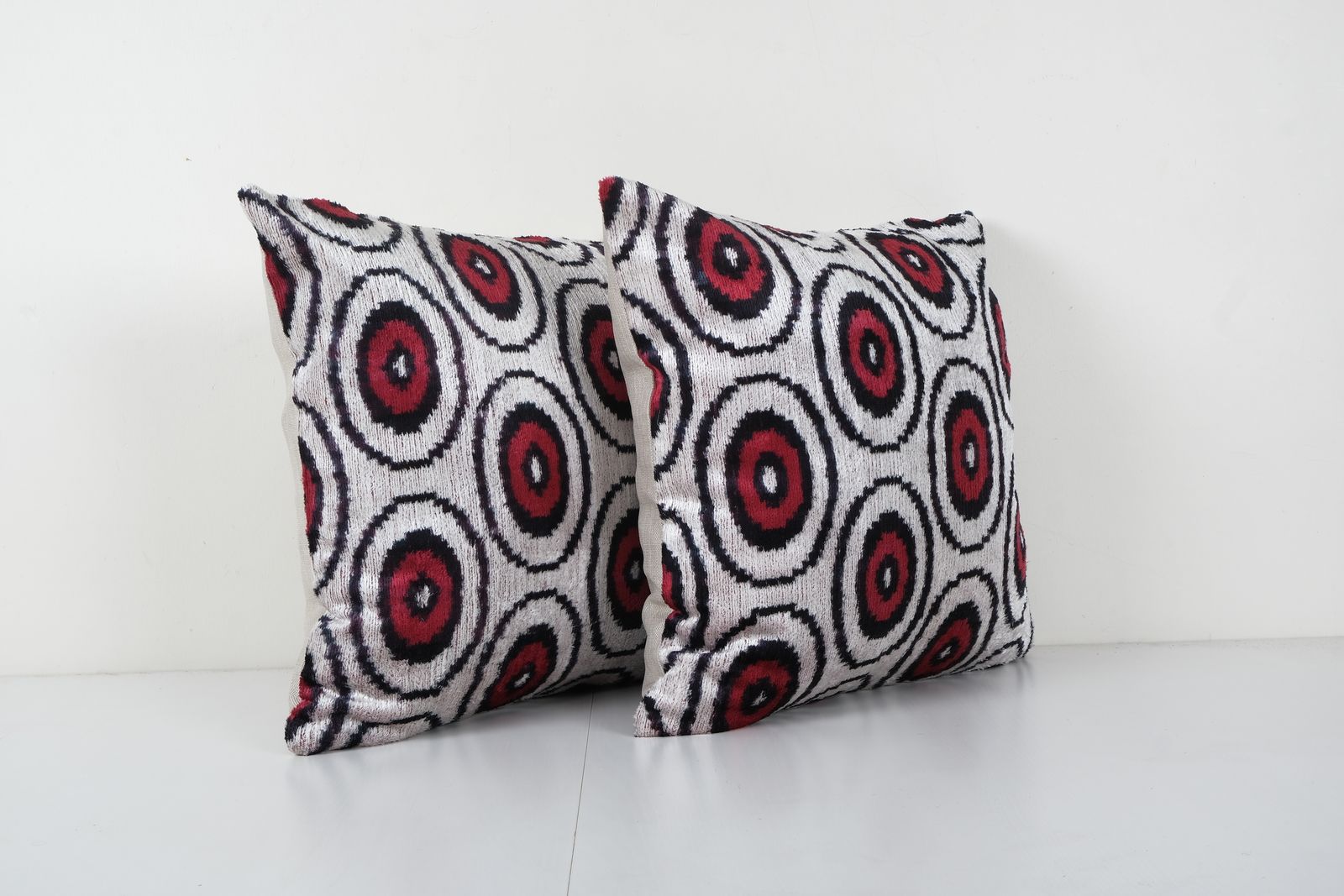Square Silk Ikat Velvet Cover   Set Of Two Red Polka Dot Velvet Pillow Cover   Pair Ethnic Designer Cushion 18'' X 18'' photo for sale