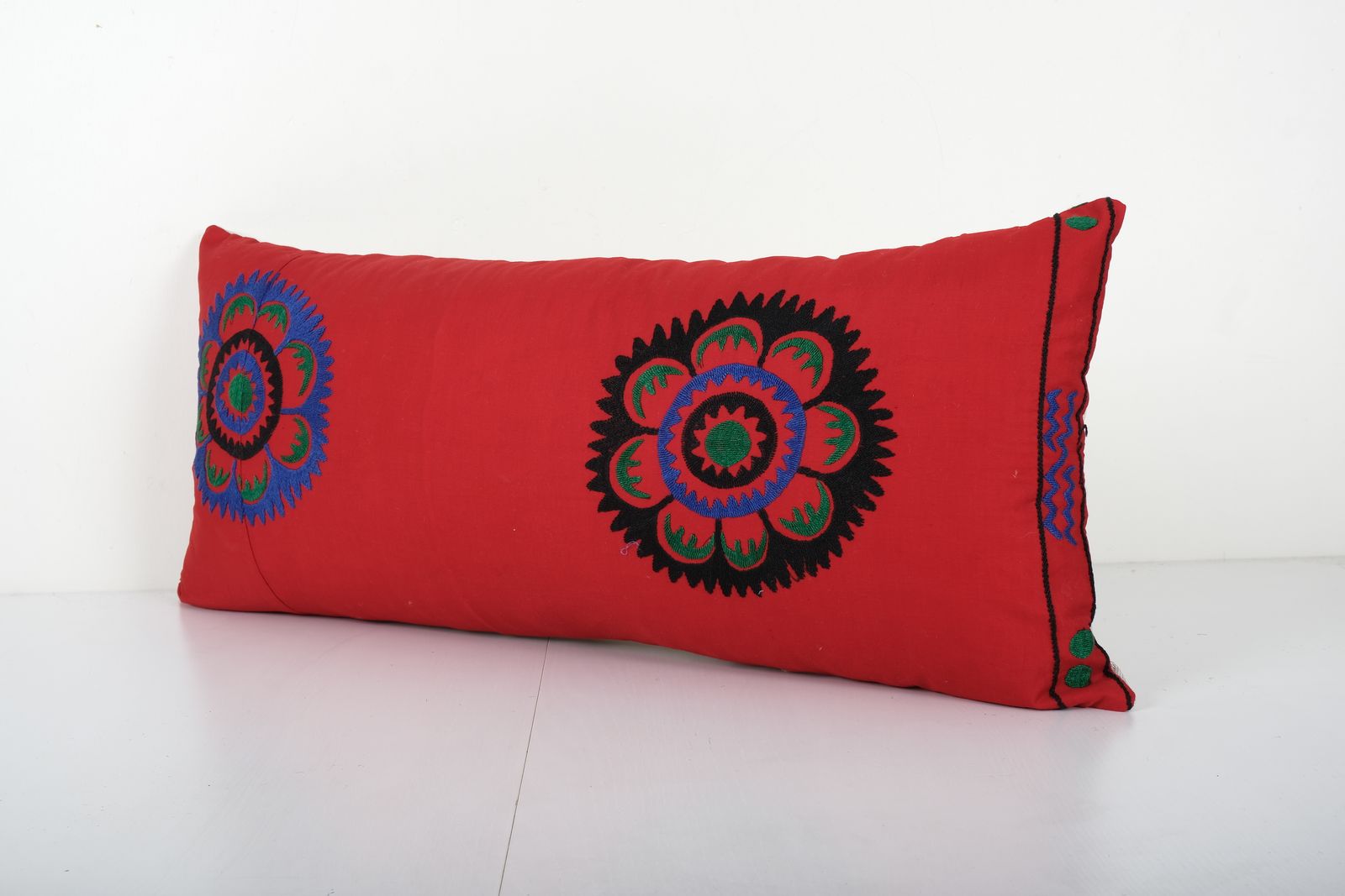 Turkish Red Suzani Hippie Cushion Cover, Samarkand Bedding Pillow Case Made From A 19th Century Suzani 14'' X 32'' photo Textiles