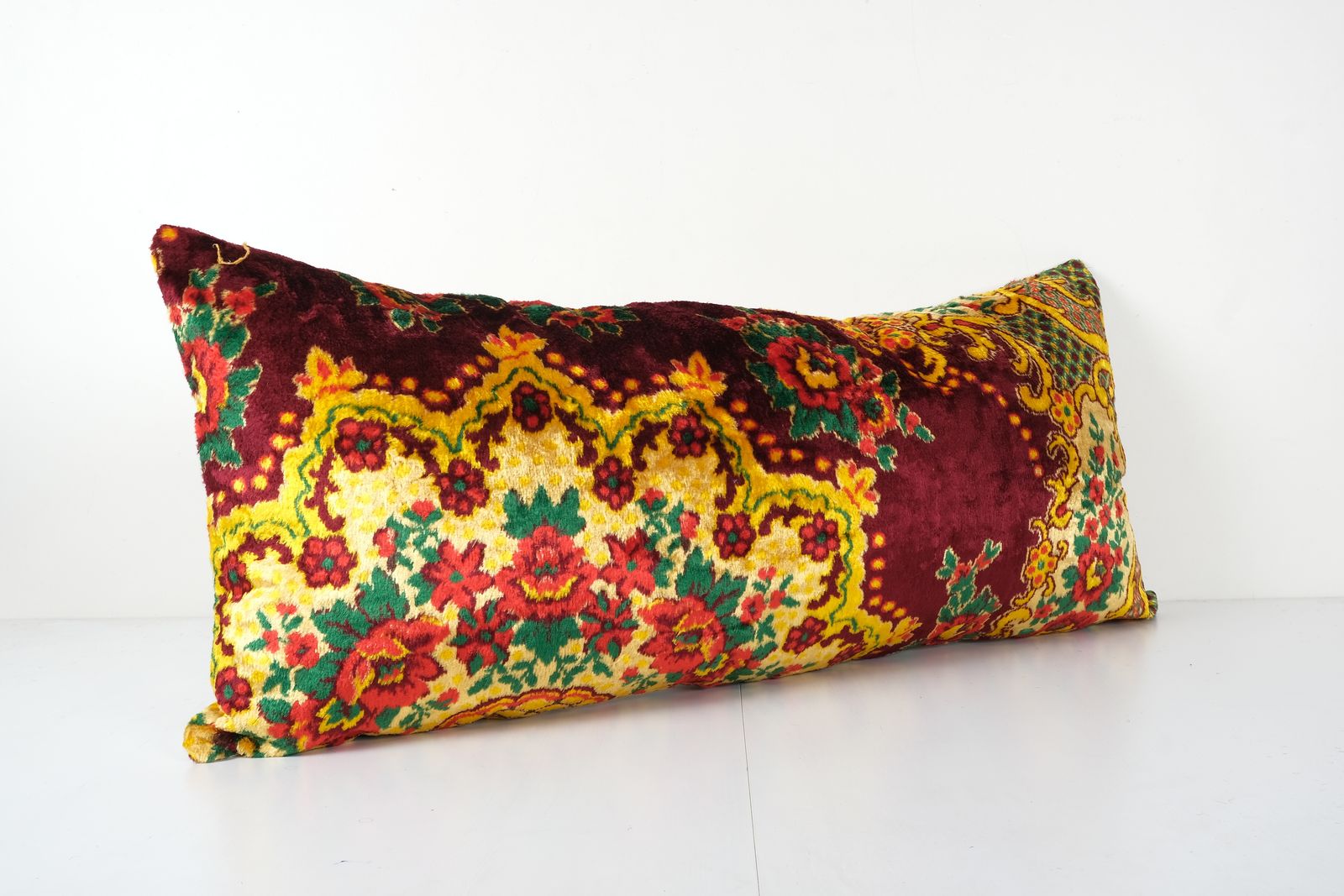 Extra Long Silk Velvet Lumbar Cushion Cover, Colorful Extraordinary Floral Design Velvet  18'' X 40'' photo for sale