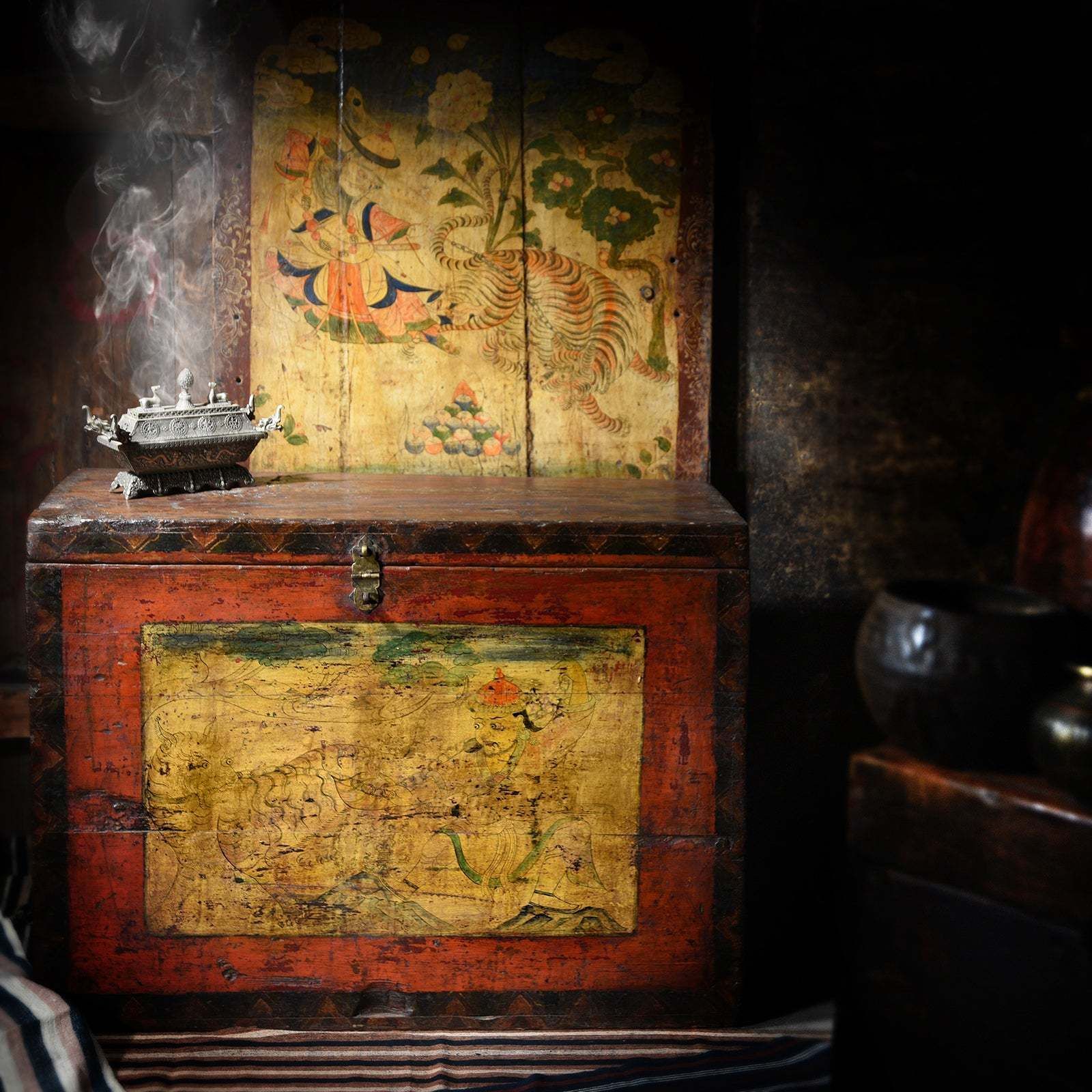 Tibetan Painted Chest Of Güsh Khaan With Tiger   Late 18thc photo furniture