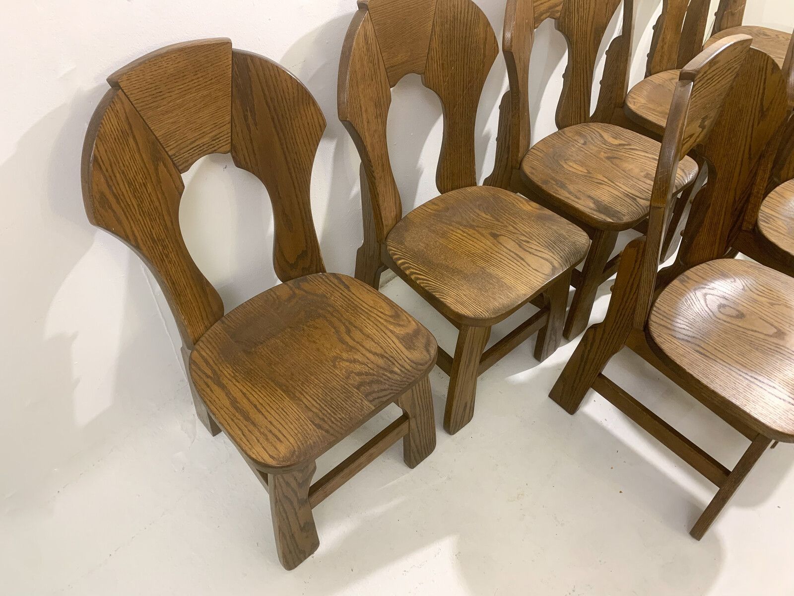 Set Of 8 Brutalist Wooden Dining Chairs photo furniture
