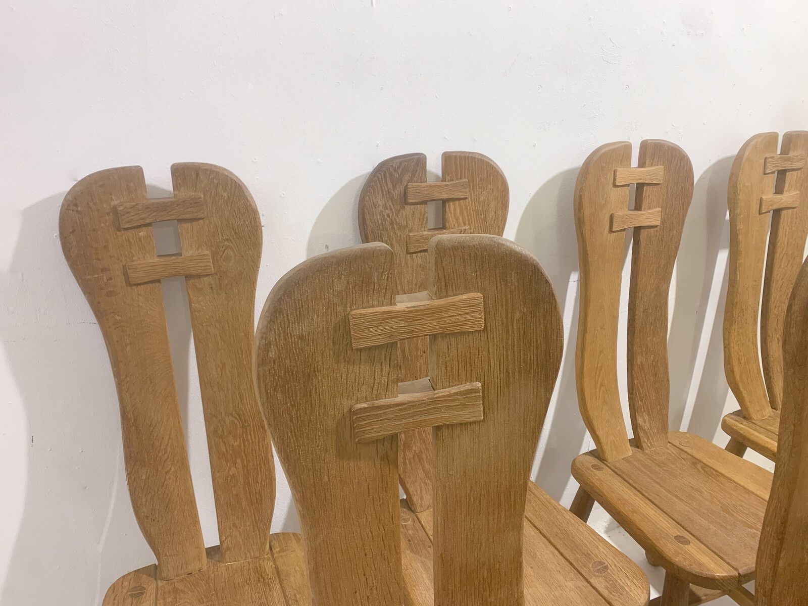 Set Of 7 Brutalist Oak Dining Chairs By De Puydt photo furniture