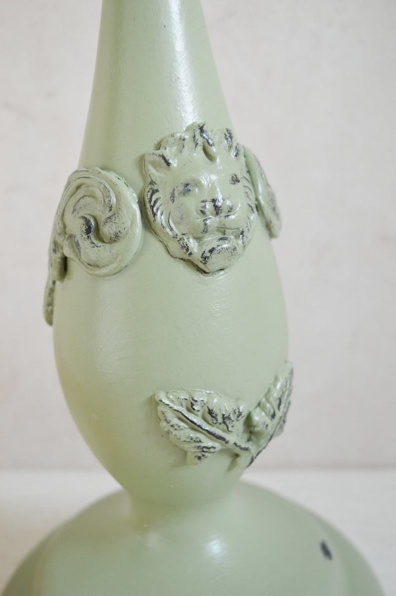 Large Lion Head & Leaf Pillar Candle Holder, Hand Painted In Sage Green, Hand Crafted Applique Moulds, 37x16cm photo furniture