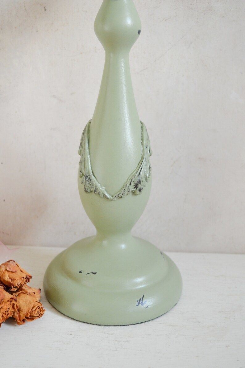Large Lion Head & Leaf Pillar Candle Holder, Hand Painted In Sage Green, Hand Crafted Applique Moulds, 37x16cm photo vintage