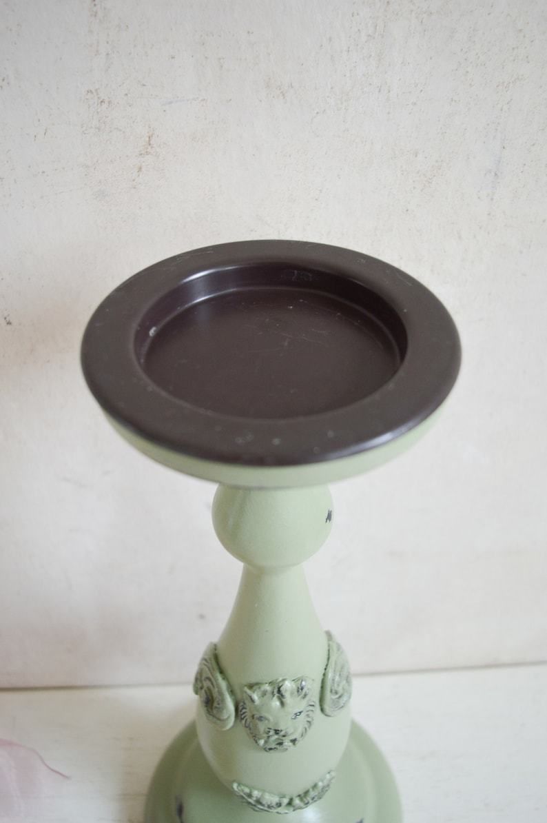 photo for sale Large Lion Head & Leaf Pillar Candle Holder, Hand Painted In Sage Green, Hand Crafted Applique Moulds, 37x16cm