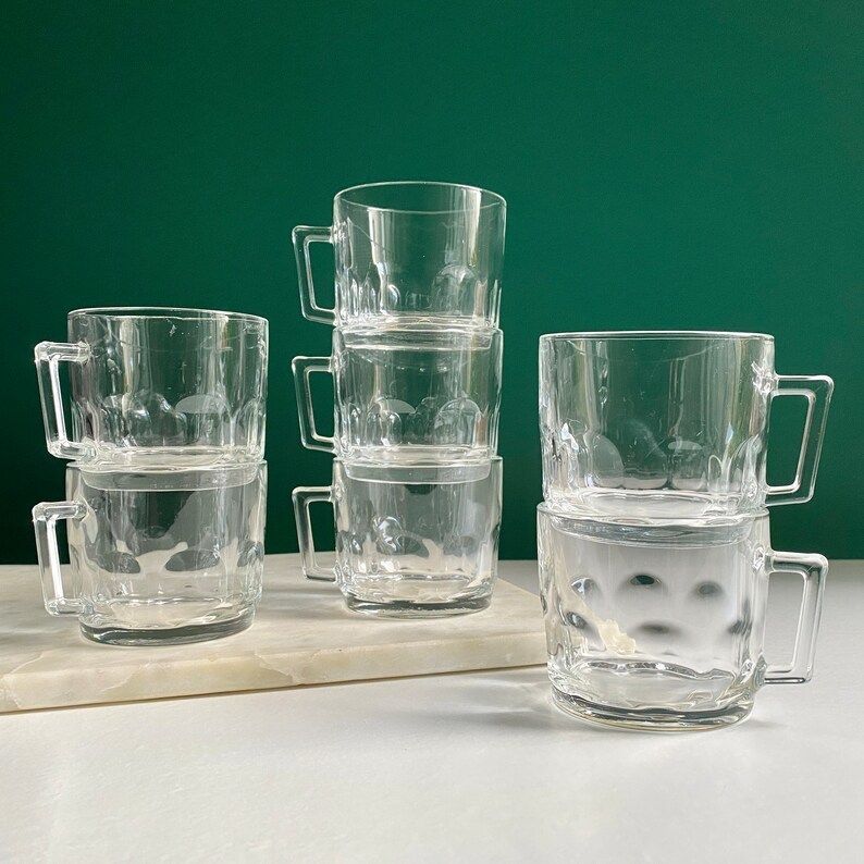 Vintage 14 Piece Arcoroc France Glass Coffee Cup Set | Britannia Thumbprint Tea Cups W/ Matching Saucers | Homeware photo Home Decor