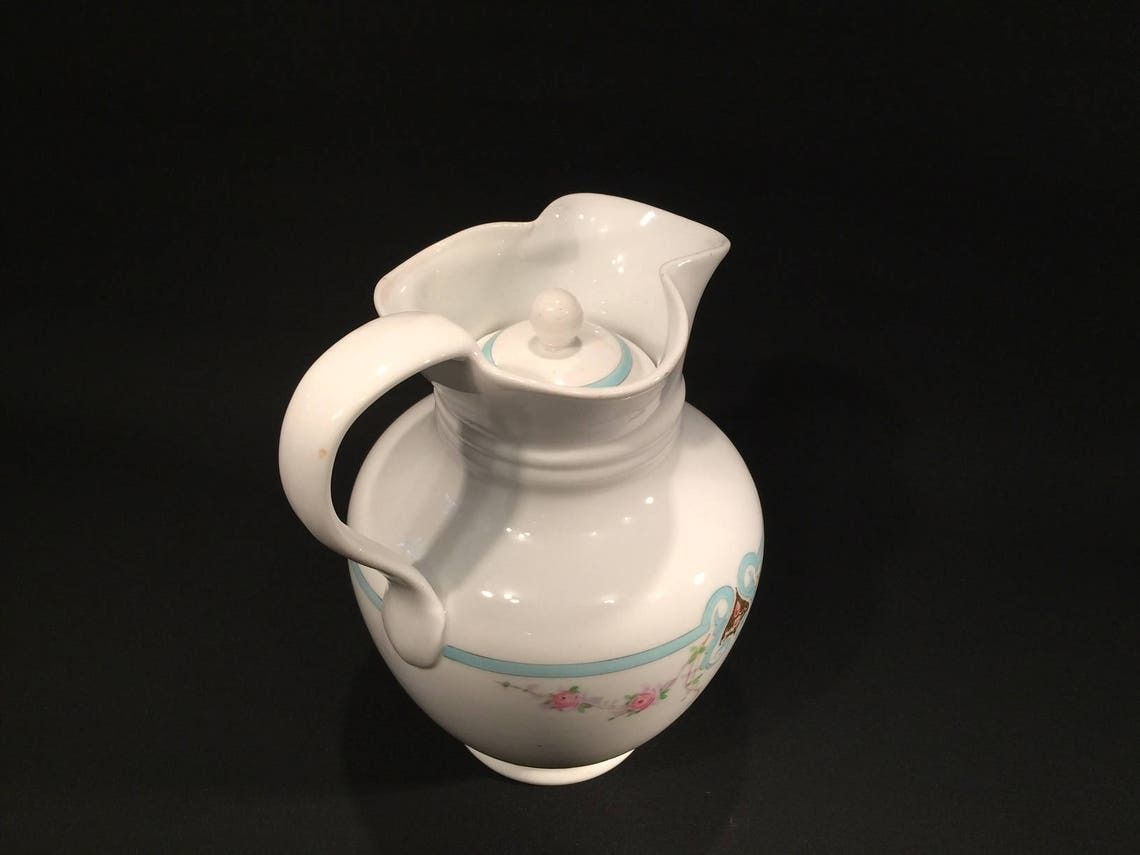 Antique Porcelain Chocolate Jug By Danish Maker Bing And Grondahl In The 1800s, Pink And Light Blue Pattern photo 136.0